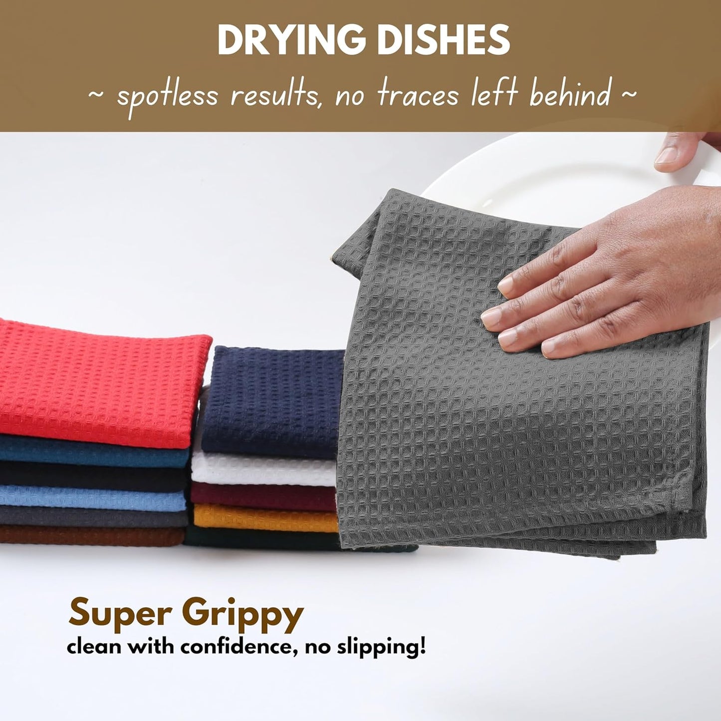 Native Fab Cotton Kitchen Towel - 16x26 inches, 6 Pack, Waffle Weave Kitchen Towels for Cleaning, Drying, Washcloths with Hanging Loop, Soft & Absorbent Dish Cloths, Grey