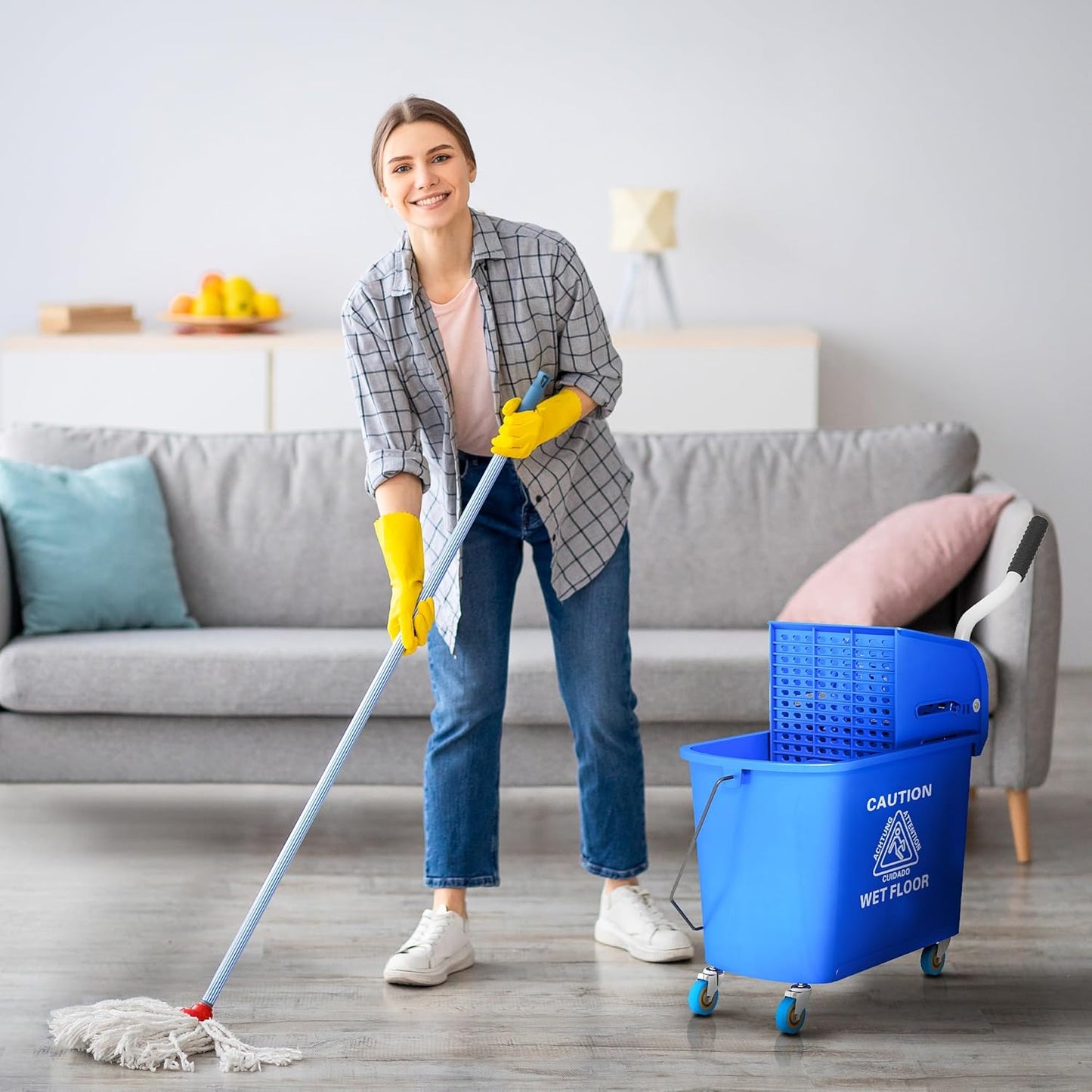 HOMCOM Compact Mop Bucket with Wringer on Wheels for Floor Cleaning, 21 Quart, Separate Dirty and Clean Water, for Home, Apartment, Blue