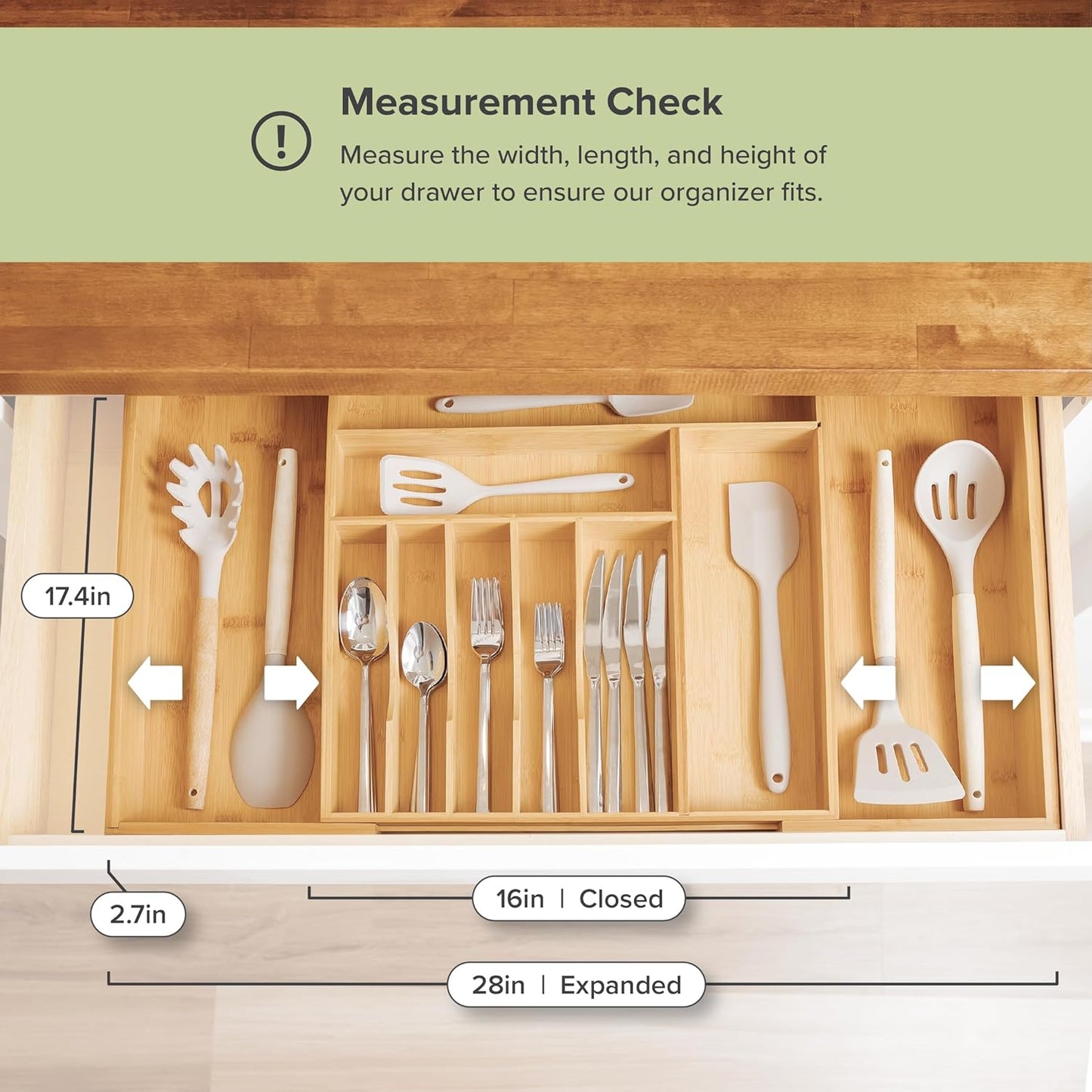 KitchenEdge Premium Silverware, Flatware and Utensil Organizer for Kitchen Drawers, Food-Safe Contract Grade, Expandable from 16 to 28 In, Natural Bamboo