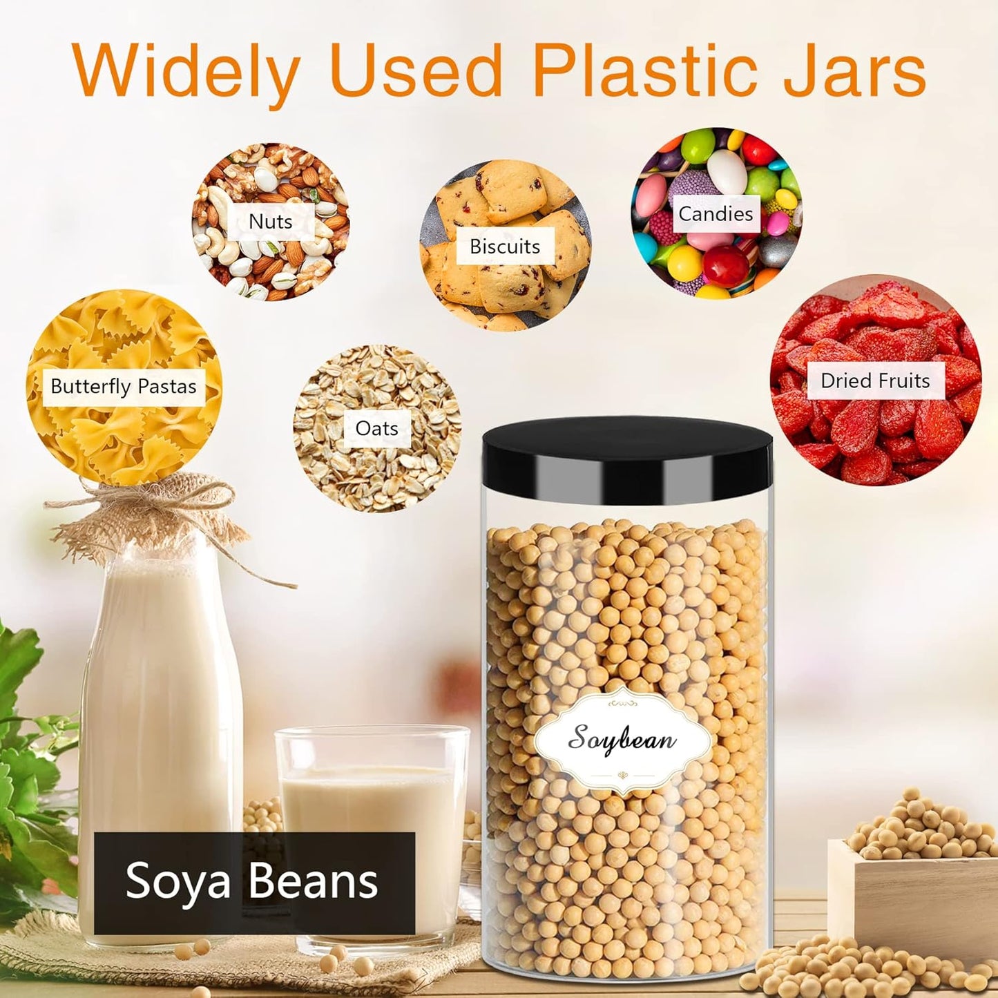 Plastic Jars with Lids, 16 Pcs 32 OZ Large Plastic Storage Jars with Black Leakproof Lids Cylinder Plastic Storage Container Jar Reusable Clear Empty Jars for Home and Kitchen Organizing