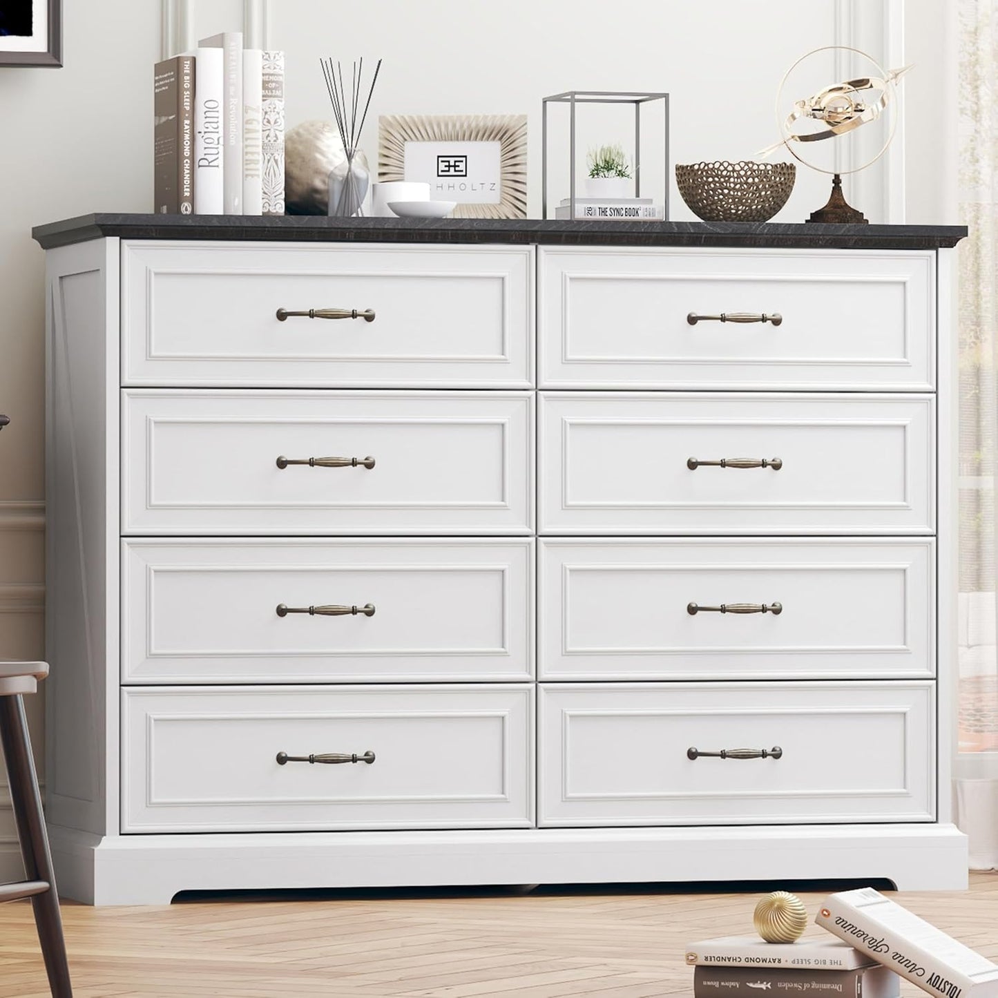 8 Drawer Dresser for Bedroom, 47" Wide Wooden Chest of Drawers, Rustic Farmhouse Dresser with Large Drawers & Metal Handles, Modern Storage Organizer for Closet, Living Room, Hallway, White