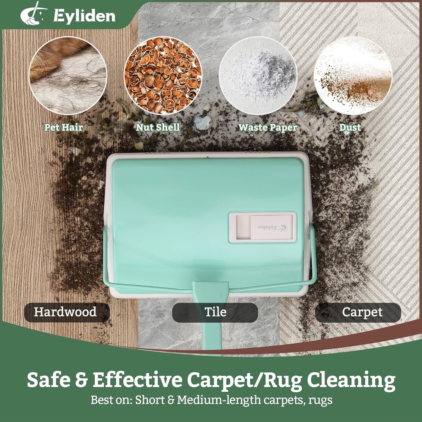 Eyliden X-Large Carpet Sweeper - Quiet Manual Sweeper for Carpets & Rugs | 1 Extra Refill Roller Brush | Non-Electric, Hand Push, Quietly Cleans Debris and Messes, Restaurant Roller Broom (Mint)