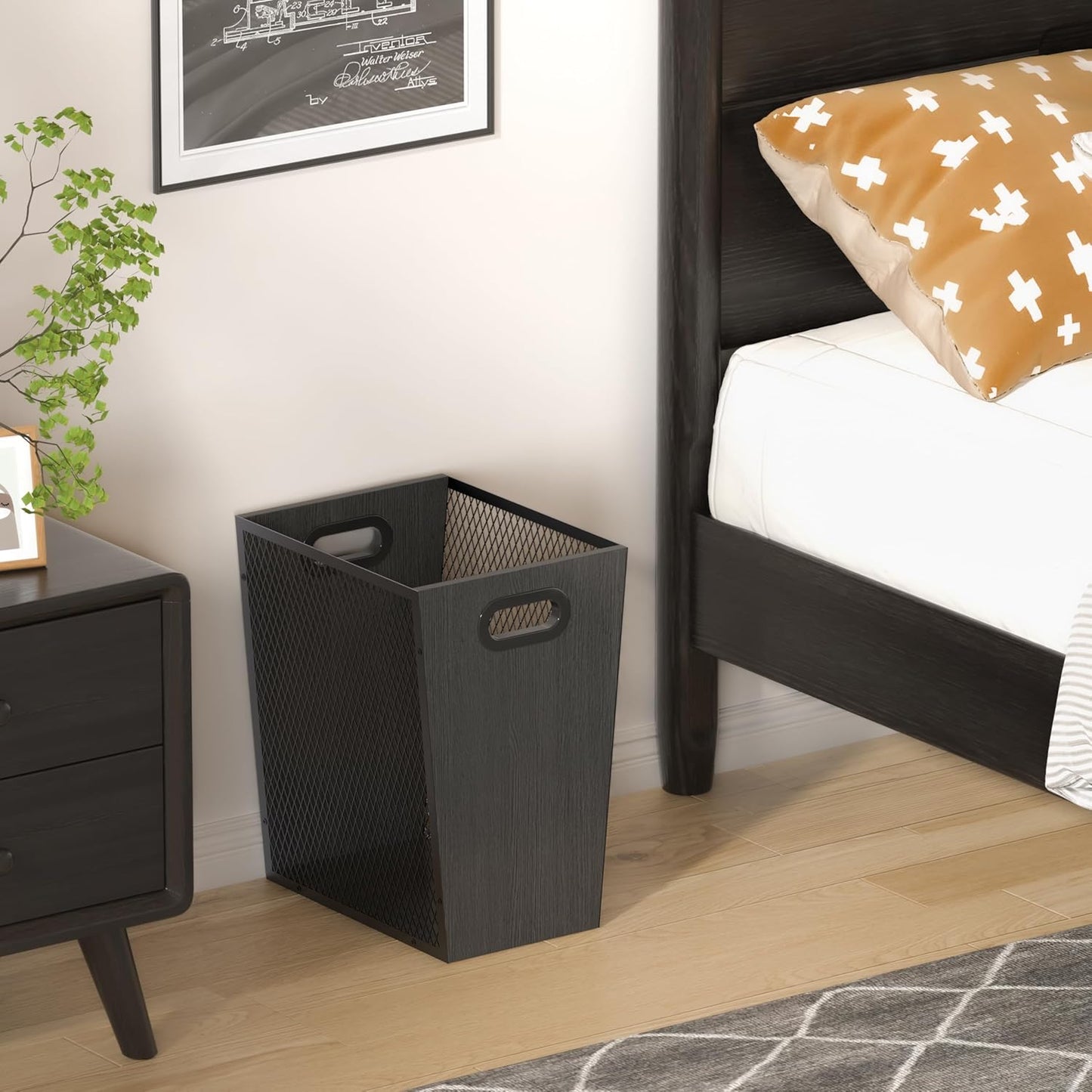 Piskyet Black Office Trash Can for Near Desk,7 Gallon Unique Wood Bedroom Garbage Can,Vintage Wastebasket with Handle, Decorative Trash Can for Home Office,12.2" L x 9.6" W x 14.9" H