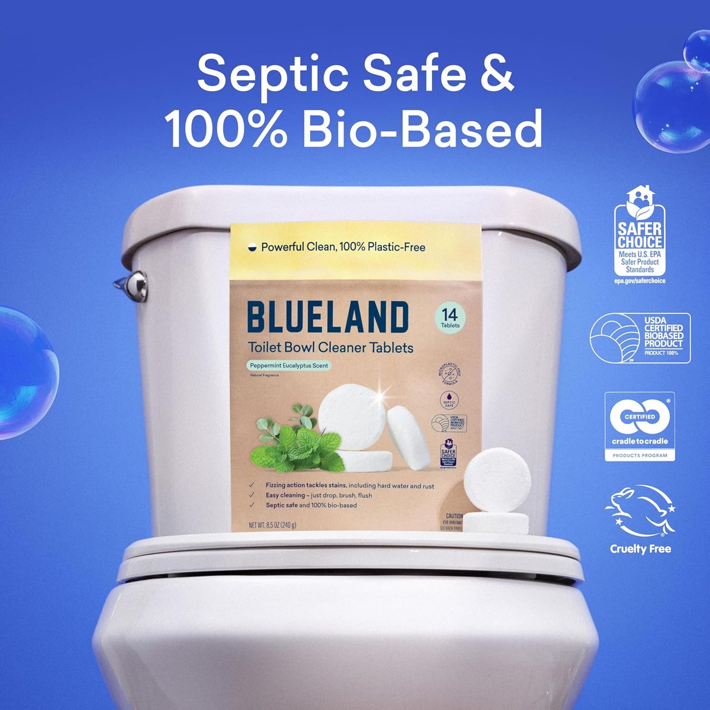 BLUELAND Toilet Bowl Cleaner Tablets, Starter Set, 14 Count with Tin, Peppermint Eucalyptus, Plastic-Free, No Harsh Chemicals, Plant-Based