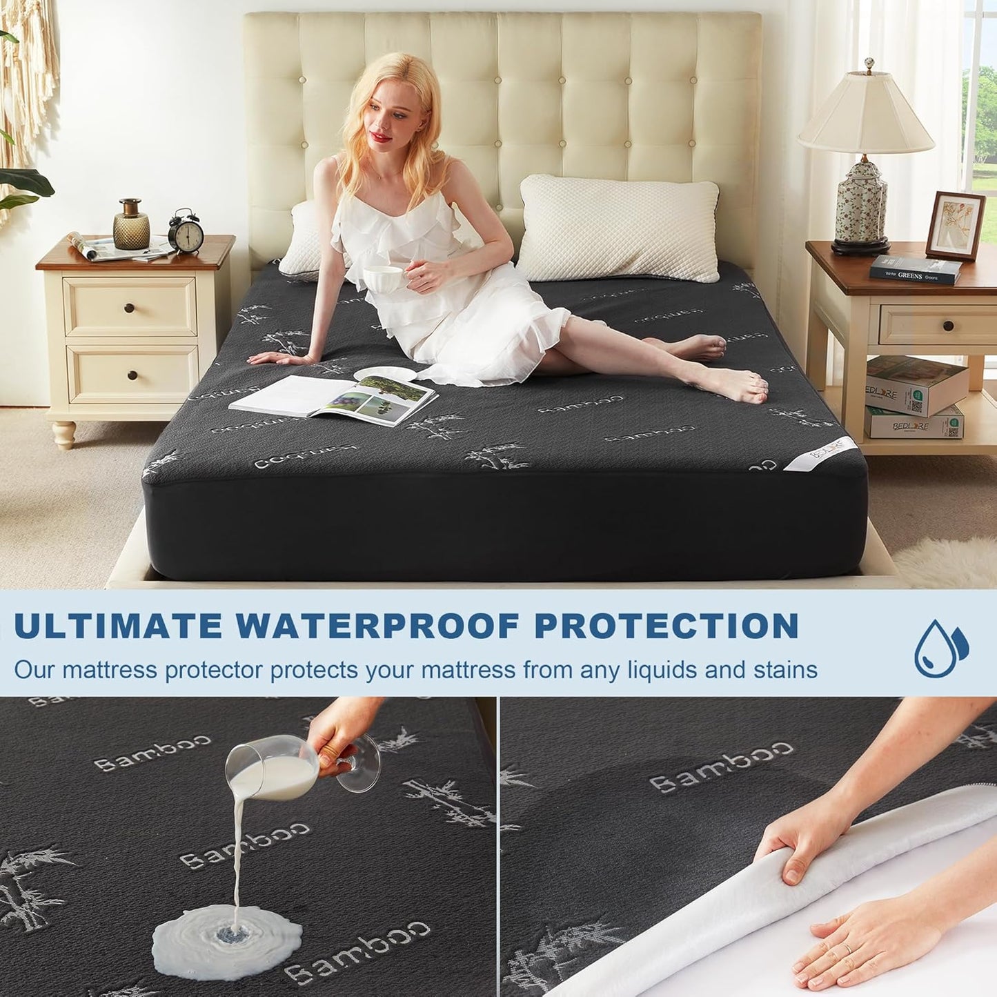 BEDLORE Queen Size Mattress Protector Waterproof, Mattress Pad Fitted 6-18 Inch Deep Pocket, 3D Air Fabric Soft Double Bed Mattress Cover Noiseless Washable for Bedroom, Hotel, Gray
