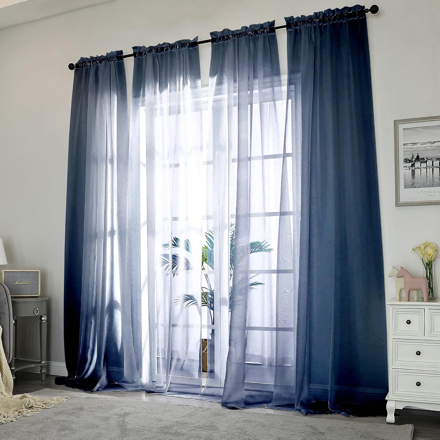 Chyhomenyc Extra Long Sheer Window Curtain Panels 120 Inch 2 PCS, Rod Pocket Durable Soft Touching Backdrop Drapes Window Treatment for Living Room/Farmhouse/Hotel, 42W x 120L inches, Navy Blue, 10 FT