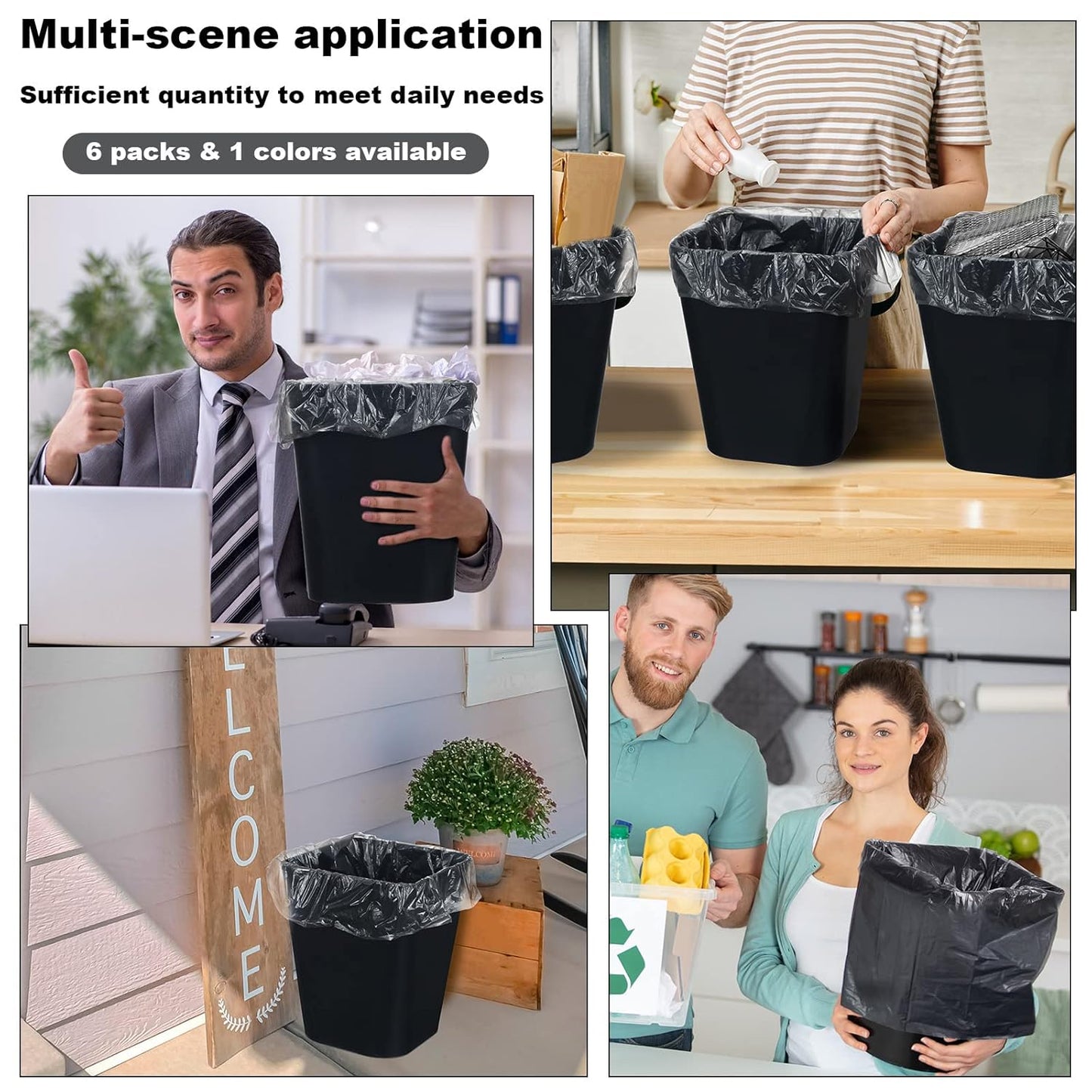 Eccliy 6 Pack Plastic Trash Can with 3 Rolls of Trash Bags Small Wastebasket Garbage Bin Container for Bathroom, Bedroom, Home Office, Living Room, Kitchen (Black)