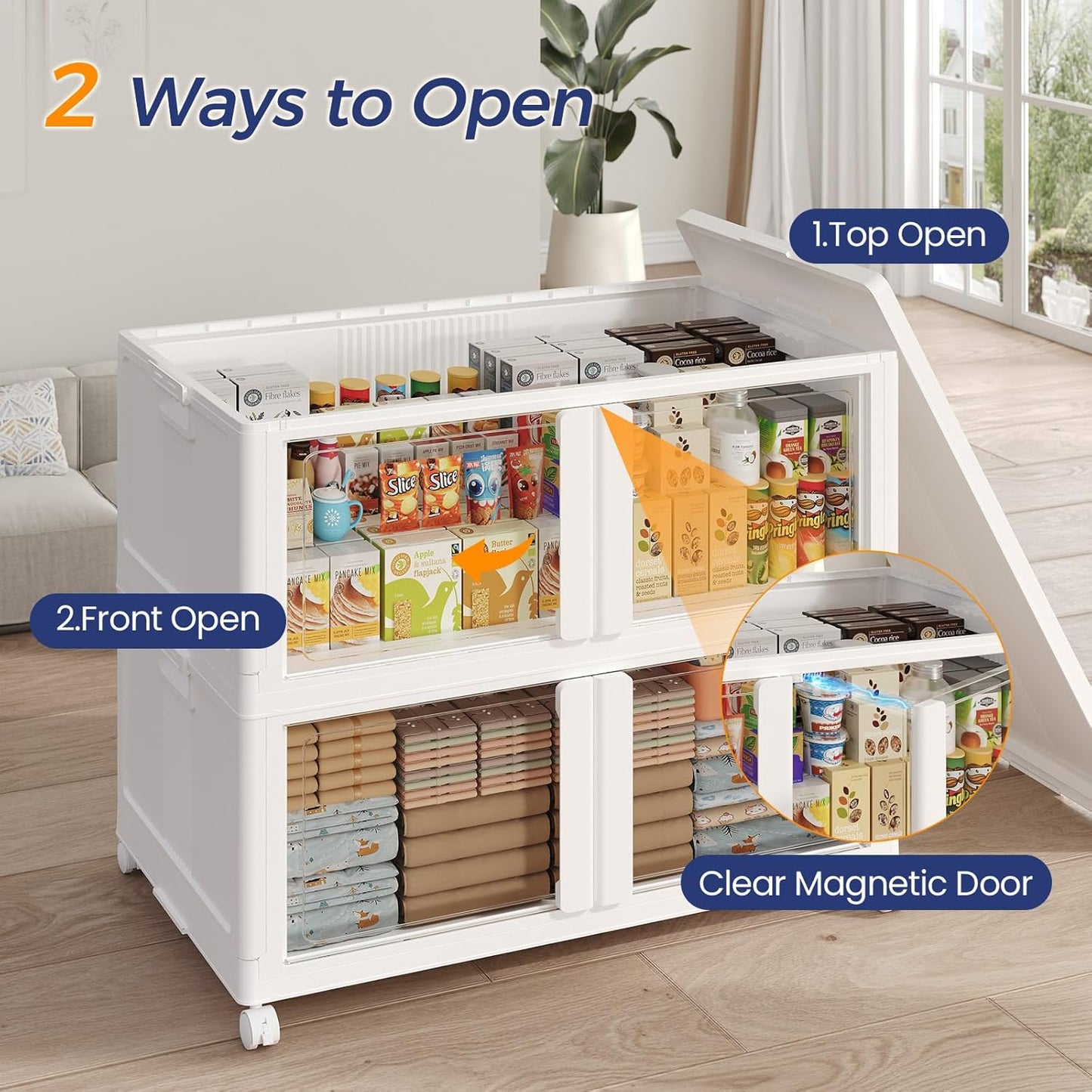 600Qt Stackable Storage Bins with Lid and Wheels, 150Gal Plastic Closet Organizer and Storage Drawer, Large Collapsible Storages Box Cabinet with Clear Door for Home Kitchen, 3Pack White