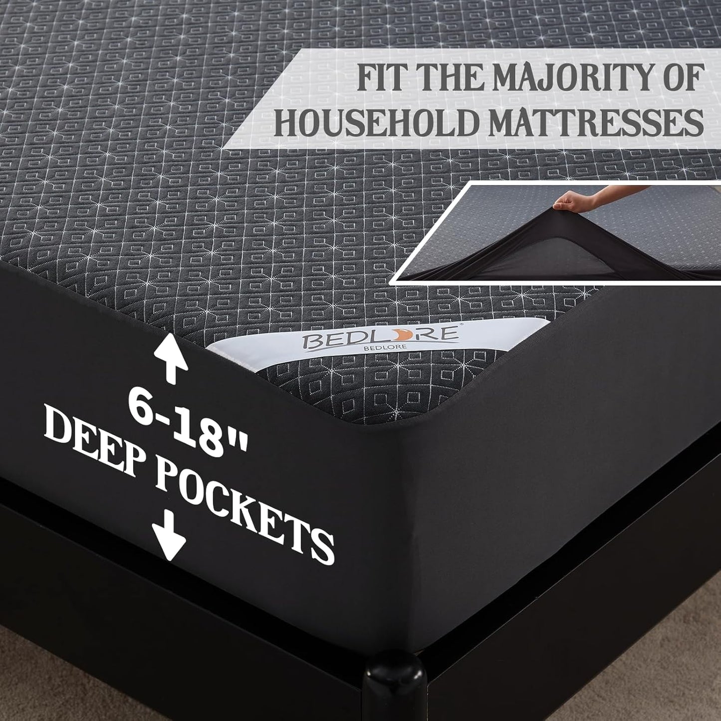 BEDLORE California King Mattress Protector, Waterproof Noiseless Mattress Cover with Deep Pocket for 6-18 inches Mattress, Soft Breathable Mattress Pad Machine Washable (Dark Gray)