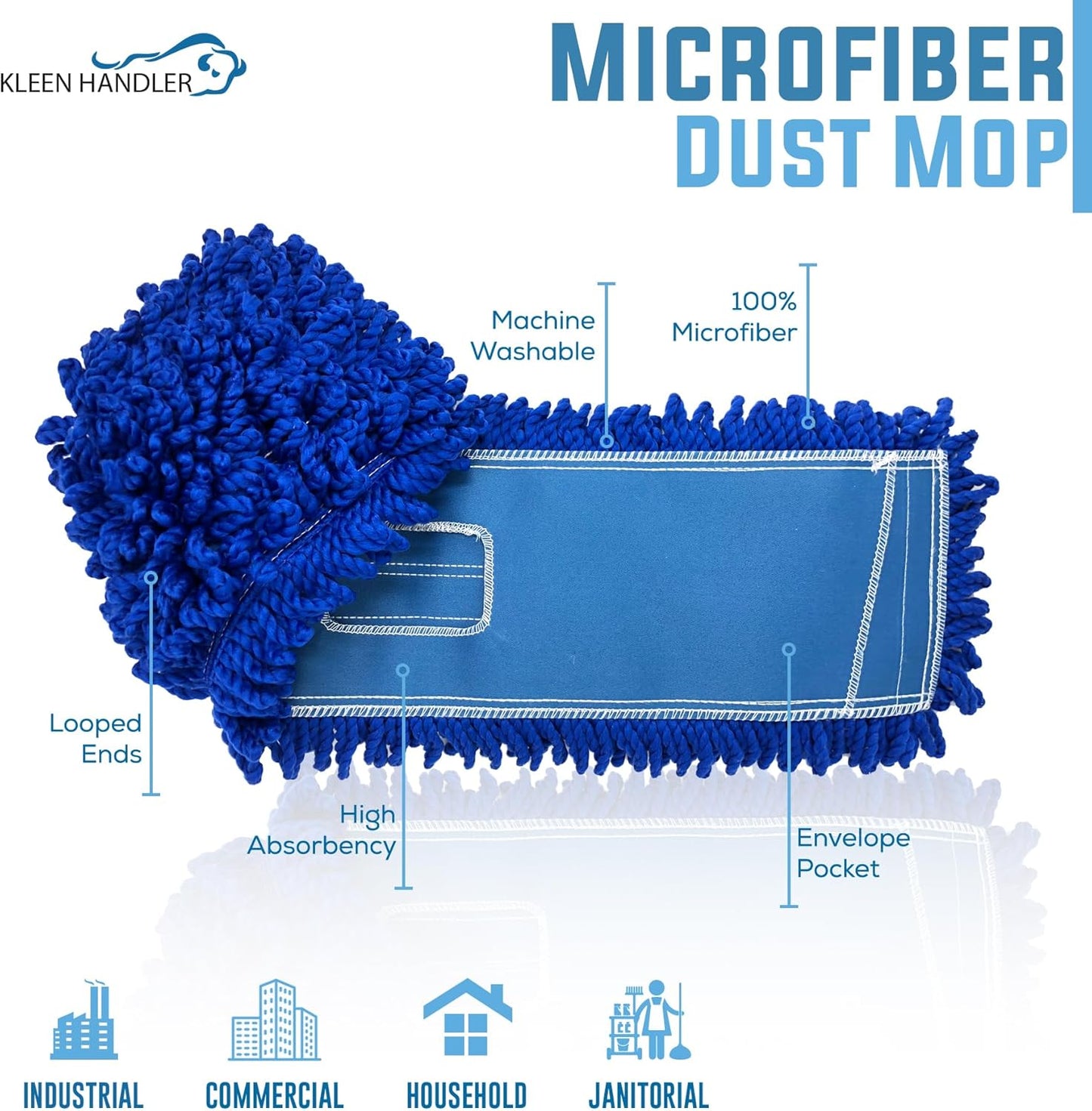 KLEEN HANDLER 18 Inch Microfiber Dust Mop, Large Washable Commercial Mop Head Replacement, Sweeper, Janitorial Supplies, Blue