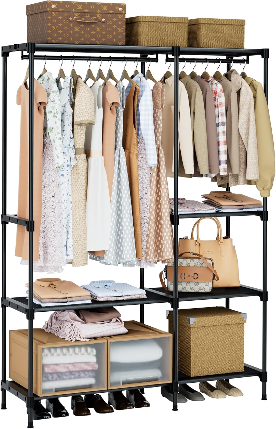 Clothes Rack, Portable Closet, 44.9 Inch Large Capacity Wardrobe Closet, Clothes Storage Organizer with Shelves and 2 Hanging Rods, Easy to Assembly, Black PCT021B01