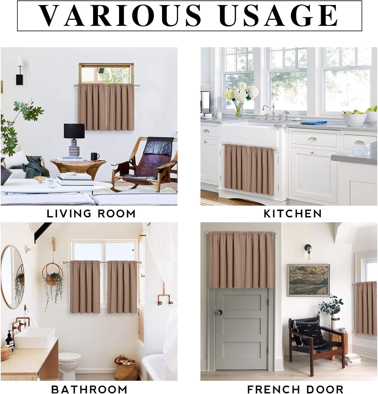 RYB HOME Short Curtains for Small Window, Energy Efficient Window Curtain Panels Room Darkening Shade Tiers Pair for Kitchen Nursery Kids Bedroom, 42 inch Width x 30 inch Length, Mocha, 2 Pcs