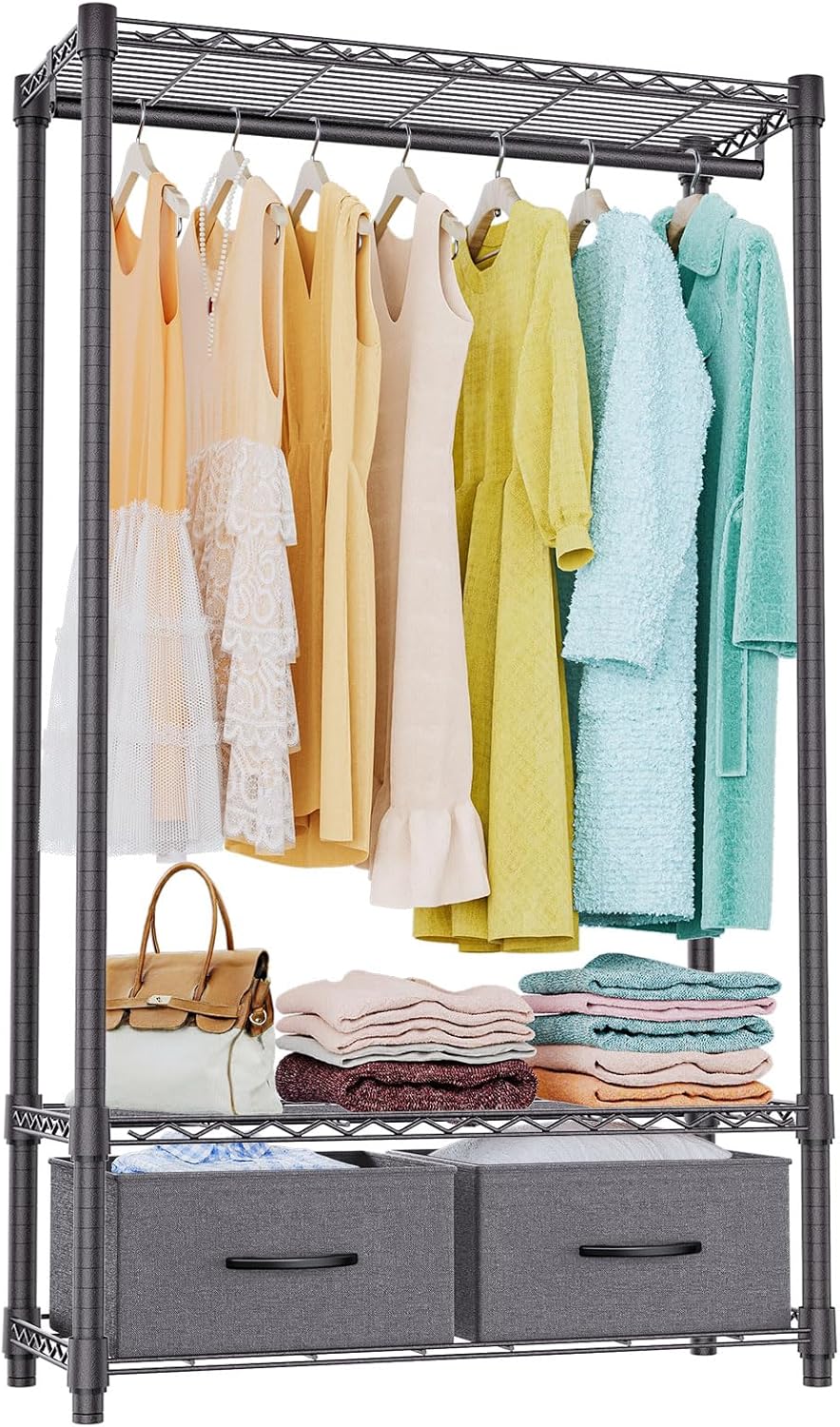 IZEUK Heavy Duty Garment Rack Wire Clothes Rack for Hanging Clothes, Metal Freestanding Closet Wardrobe Rack with 1 Rod and 2 Drawers Dark Grey 15.7" D x 35.5" W x 72.4" H