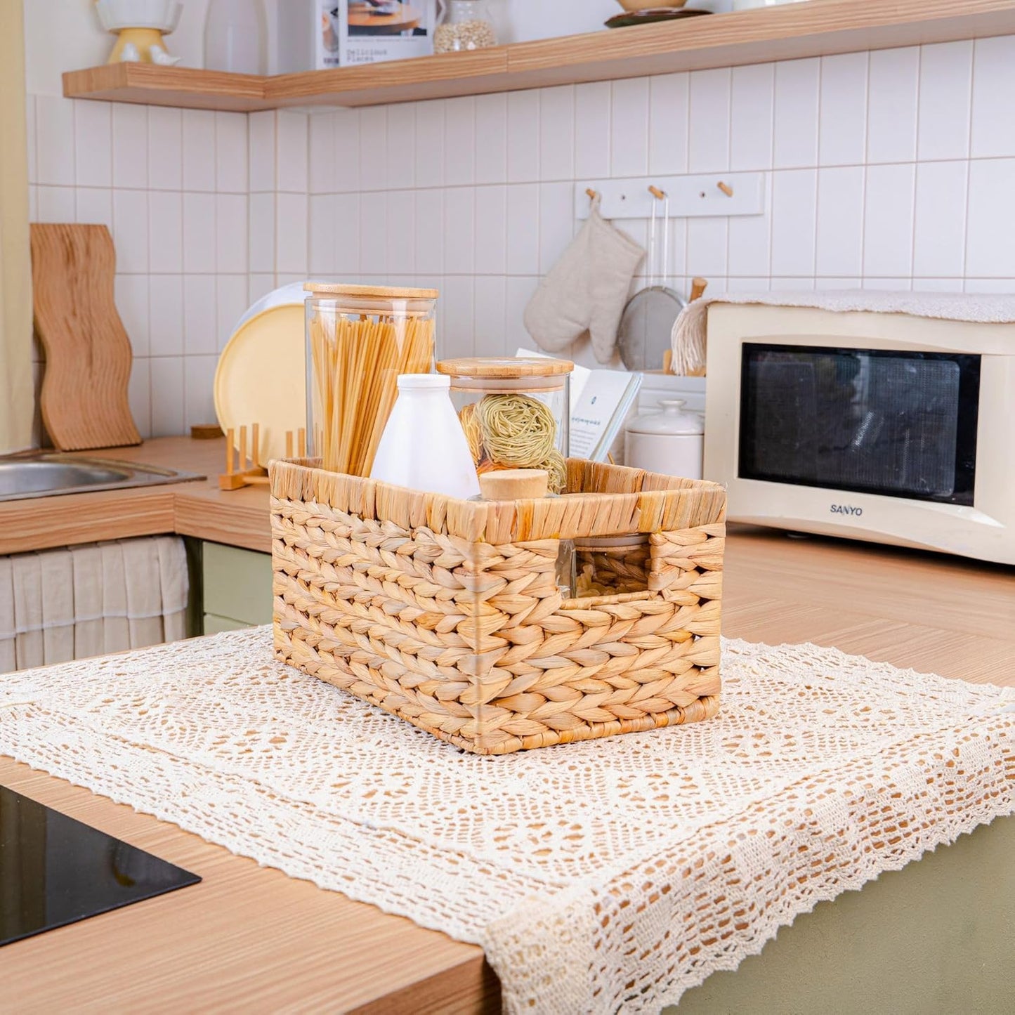 Set of 3 Wicker Storage Baskets for Shelves, Water Hyacinth Storage Baskets, Wicker Baskets for Storage, Kitchen Organizers and Storage Pantry (Set 3 SML)