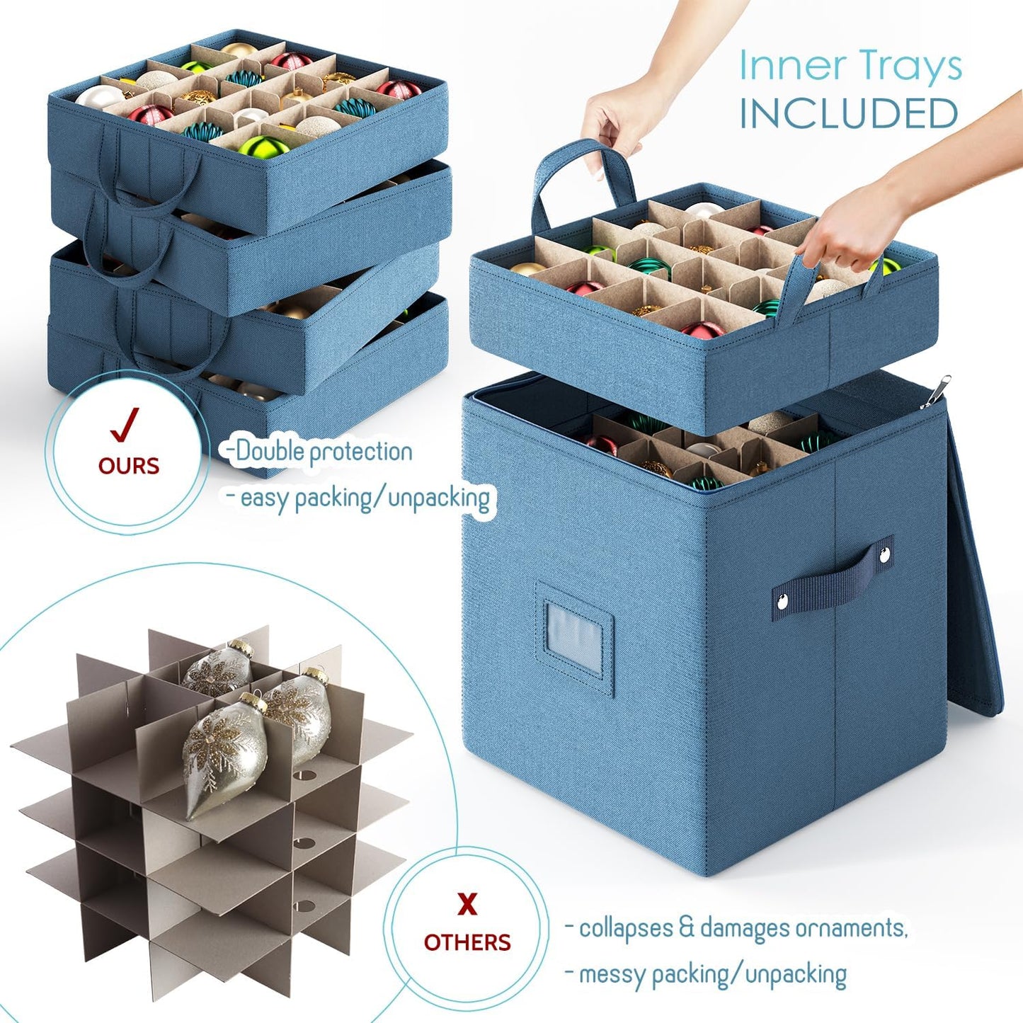 Hearth & Harbor Christmas Ornament Storage Box With 4 Inner Tray Dividers - Non-Woven Ornament Storage Container For 64 Holiday Ornaments or Decorations