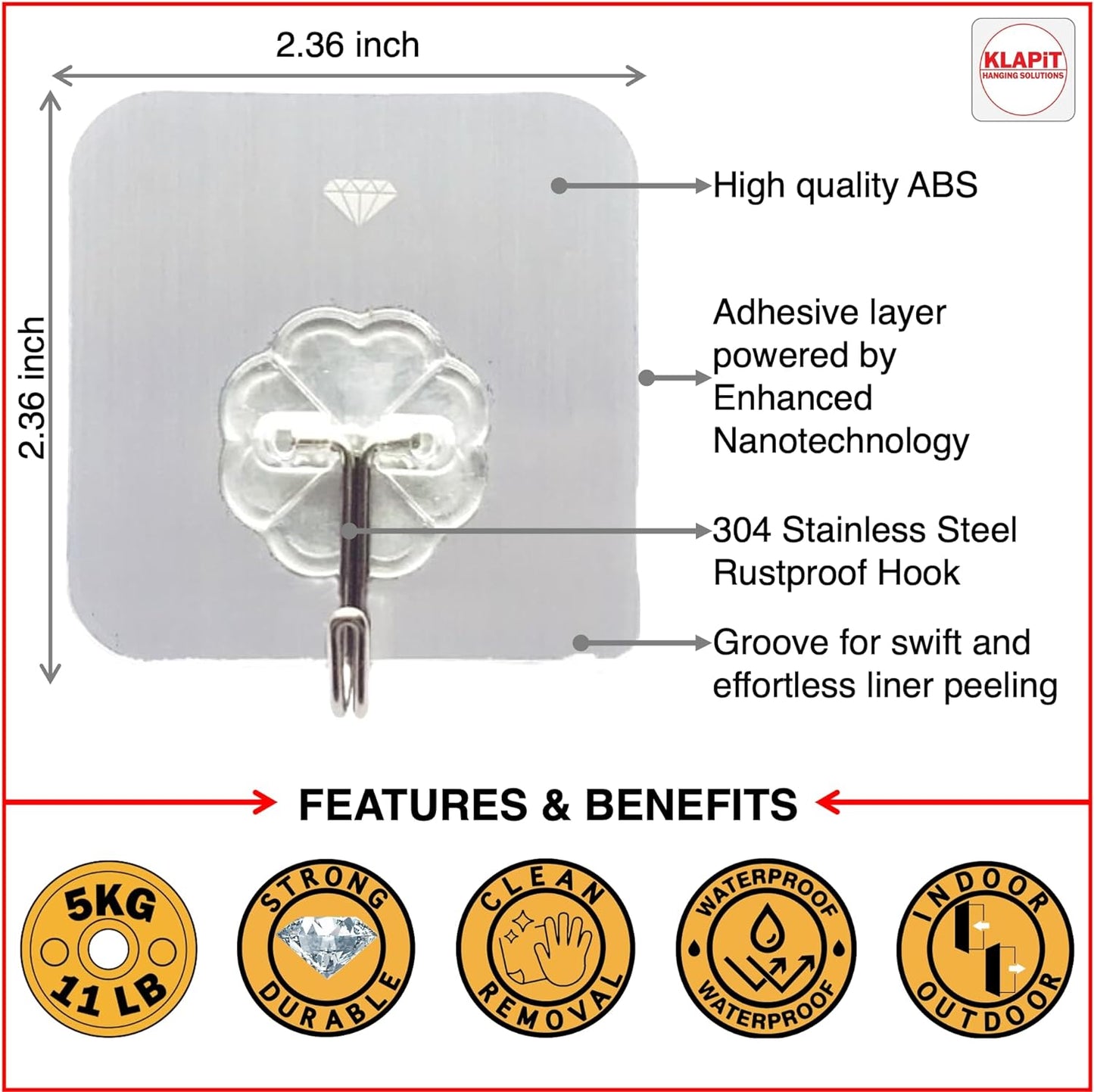 KLAPiT Super Hook - Heavy-Duty Adhesive Clear Wall Hooks, Holds Up to 11 lbs, Waterproof, No Damage, Easy Install on Tile, Wood, Stone, Glass & Metal - Made of Steel (Clear, 8pc)