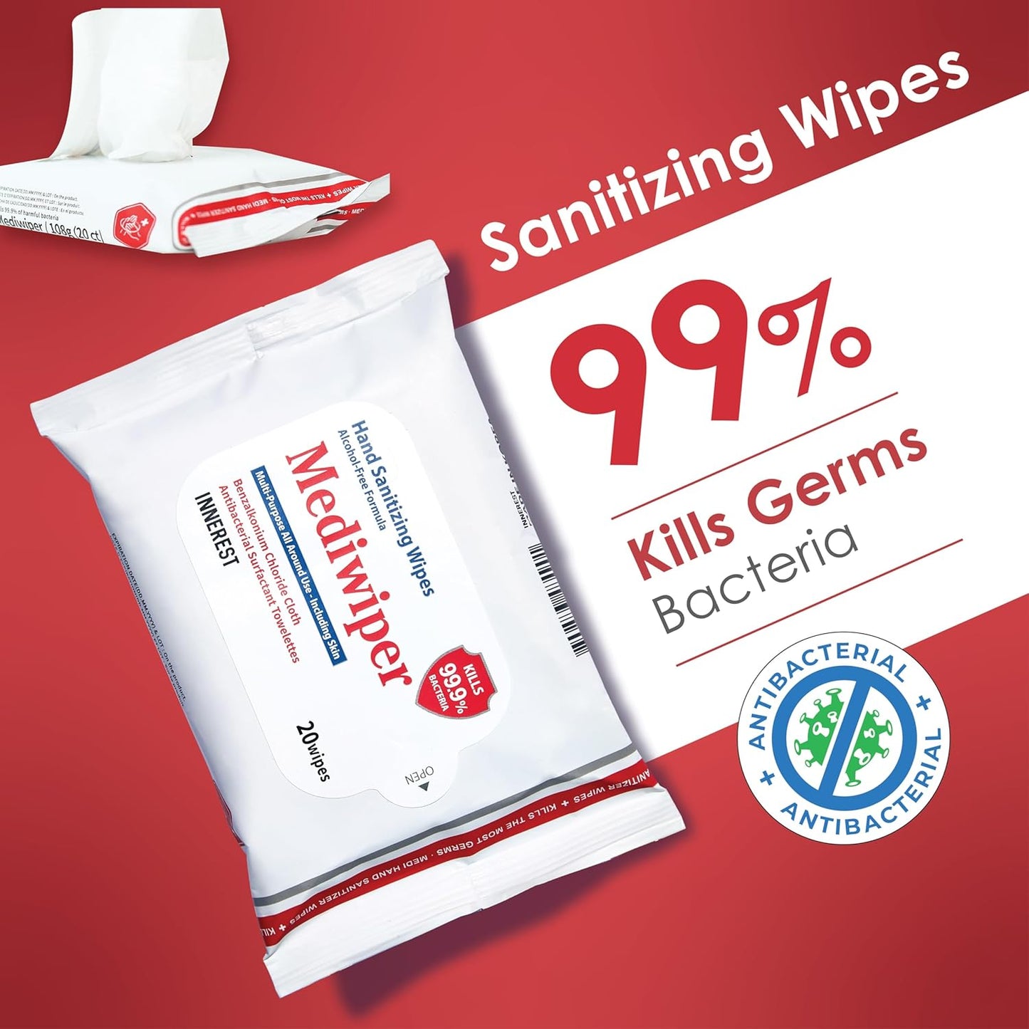 Mediwiper 20 Count Alcohol-Free Sanitizing Wipes Disinfecting Large Unscented Wet Wipes Bulk, Hand Sanitizer (20 Wipes, 100 Wipes (20 * 5))