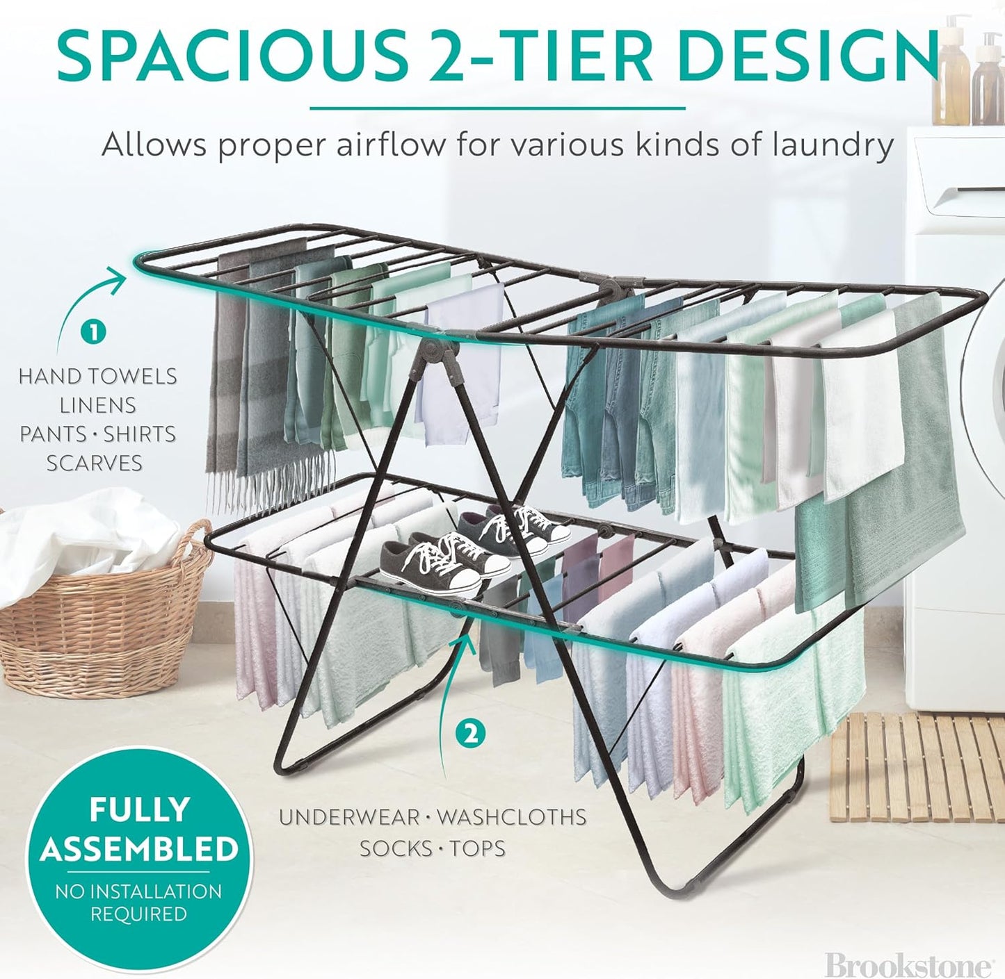 Brookstone 2 Tier Folding Rack – Indoor/Outdoor Collapsible Clothes Dryer Stand Laundry or Shoe Rack,Heavy Duty Freestanding Garment Hanger, Foldable, Portable Air Dry Holder