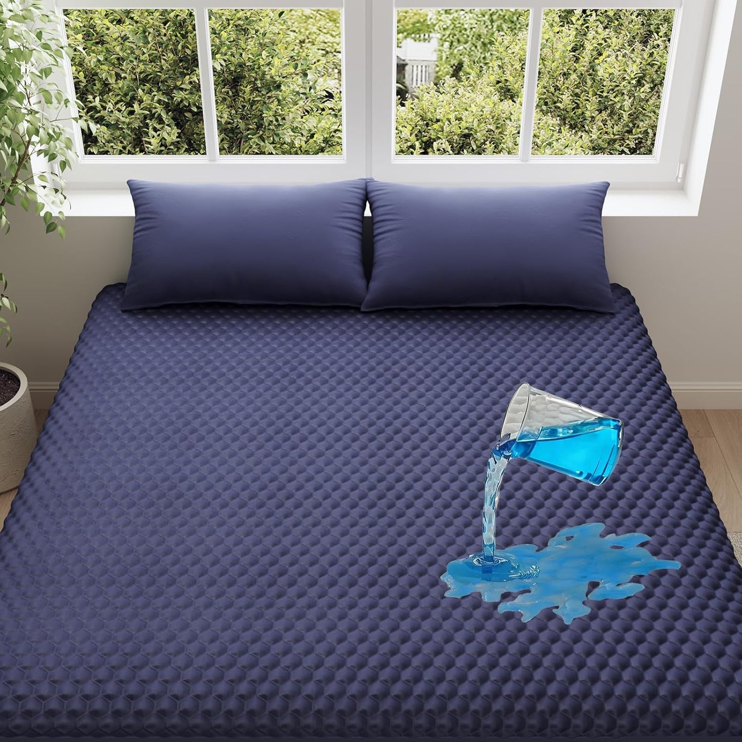 OhGeni 100% Waterproof Mattress Protector, Twin Size Mattress Pad, Fits 6"-20" Mattresses with Deep Pocket, Cooling, Breathable Fitted Sheets, Soft Bed Cover, Noiseless, Machine Washable(Navy Blue)