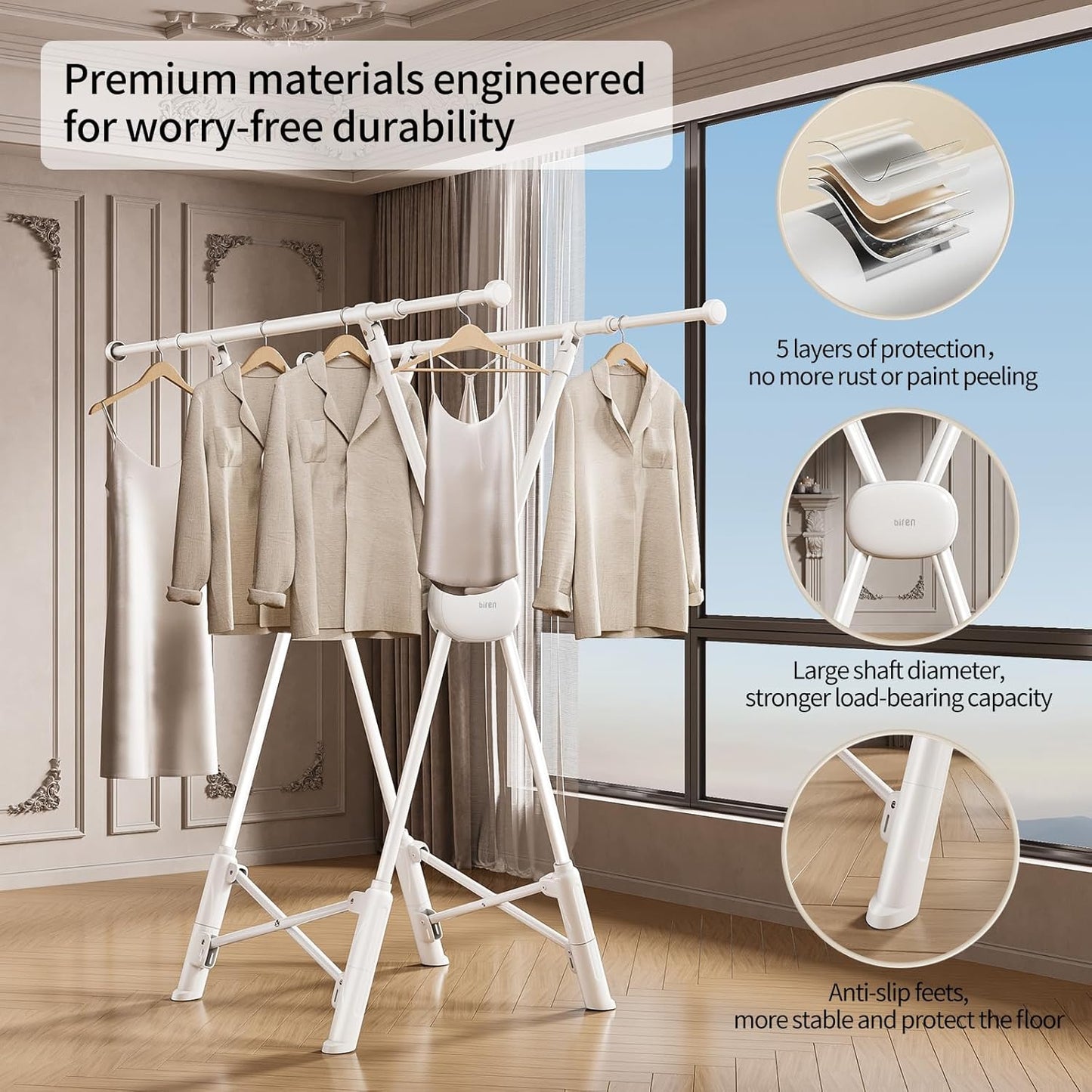 BIREN Clothes Drying Rack Heavy Duty Clothing Racks Extending Laundry Rack Two Drying Modes Garment Racks for Drying Clothes, Adjustable Length from 32-55 Inches for Indoor Outdoor Use