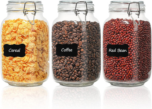 ComSaf Airtight Glass Canister Set of 3 with Lids 50oz Clear Food Storage Jars Square, Kitchen & Pantry Organization Food Storage Container for Canning, Sugar, Flour, Pasta, Candy, Cereal, Coffee