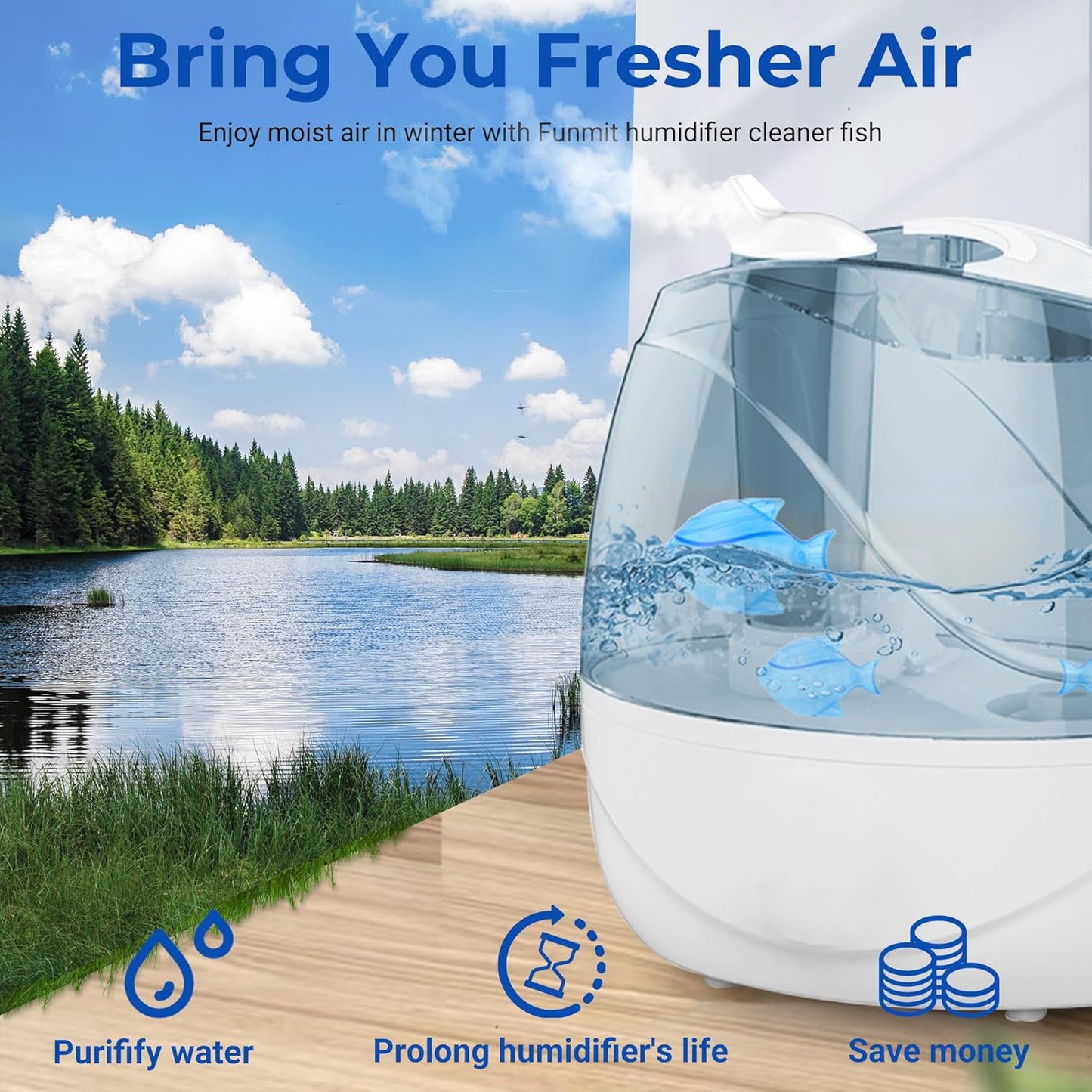 Funmit 6 Pack Universal Humidifier Cleaner Fish Compatible with Almost All Humidifiers and Fish Tanks, Purifies Water, Prevents Hard Water Build-Up, Reduces Scale, Blue