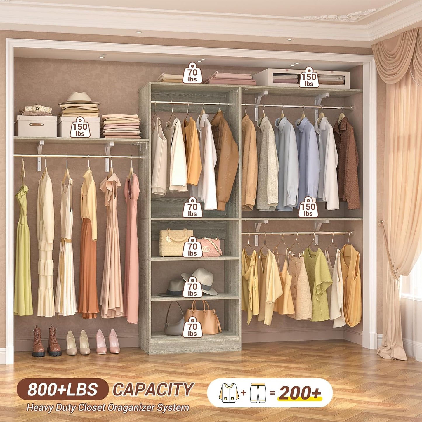 8FT Closet System with Shelves, 96'' Closet Organizer System with 3 Hanging Rods, Wall Mount Bedroom Wardrobe Walk-in Closet, Adjustable Cloth Garment Rack from 5 to 8FT(Cut to Fit), White Oak