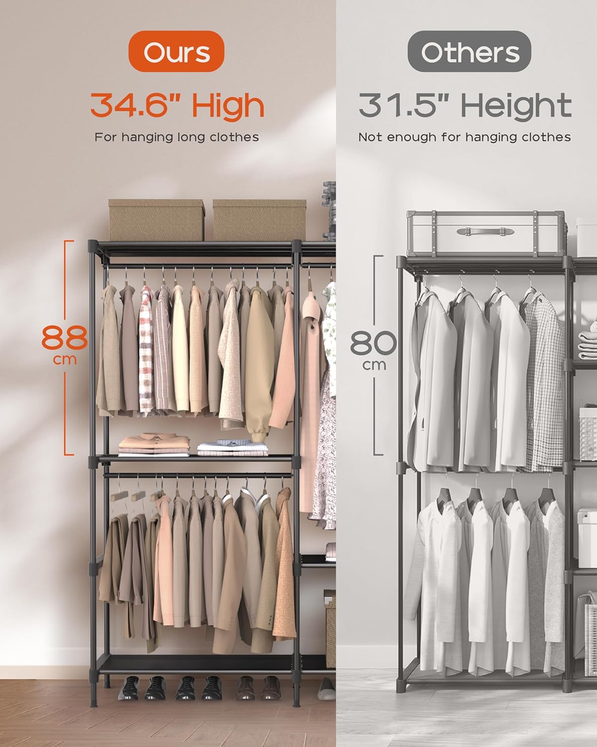 Clothes Rack, Portable Closet, 80.7 Inch Extra Large Capacity Wardrobe Closet, Clothes Storage Organizer with Shelves and 5 Hanging Rods, Easy to Assembly, Black PCT036B01