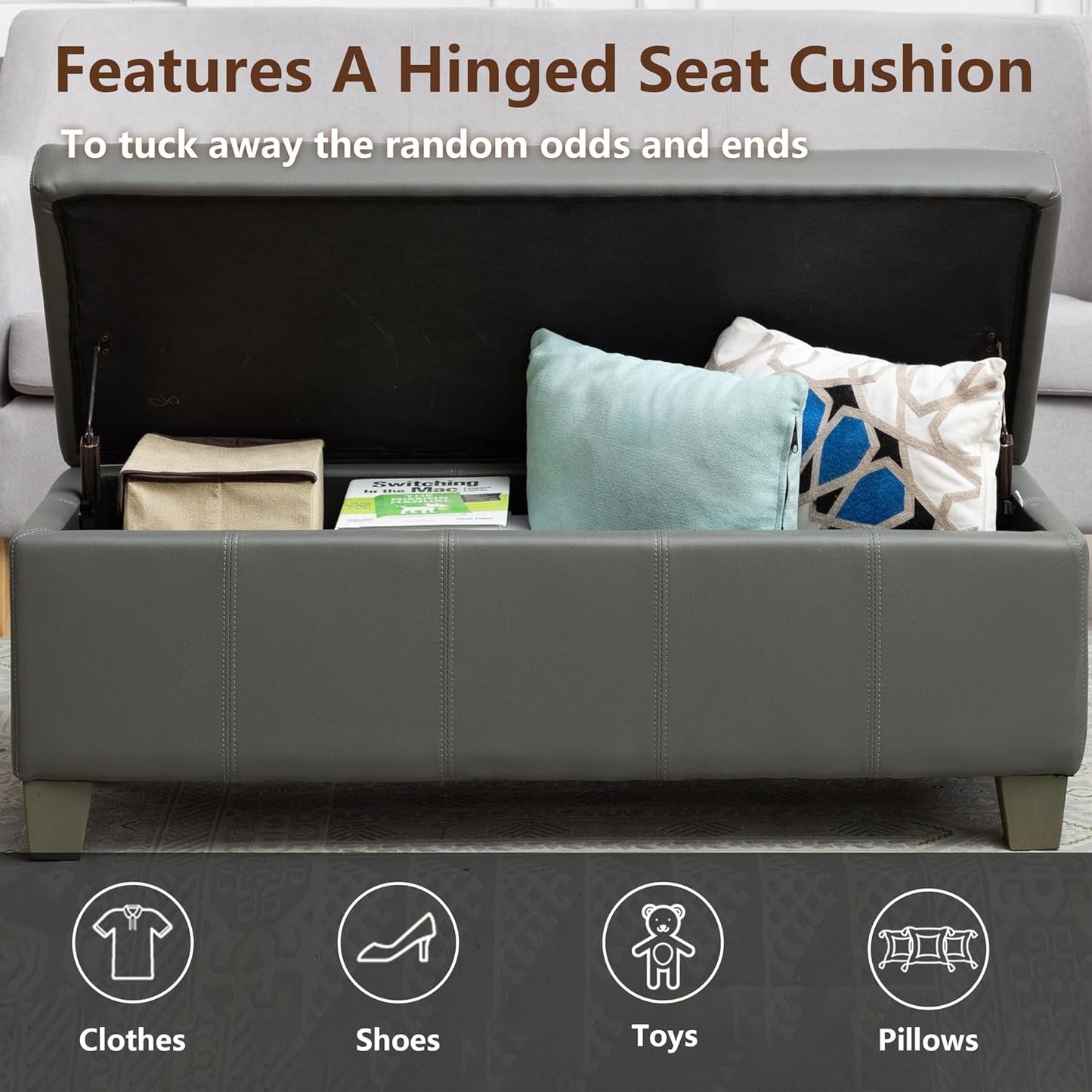 51 Inch Faux Leather Ottoman with Storage, End of Bed Bench with Large Storage, Rectangular Extra Long Bench for Bedroom and Living Room, Light Grey