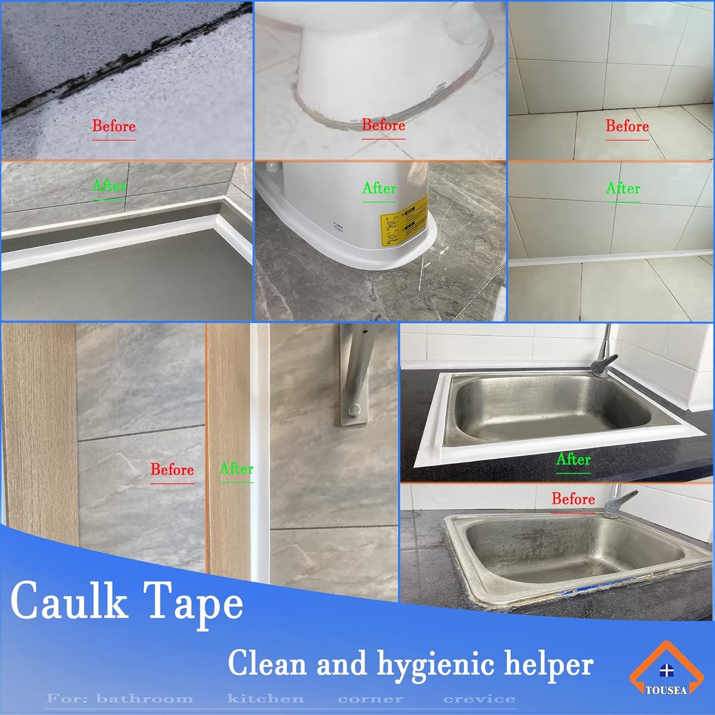 TOUSEA White Caulk Tape for Bathtub Self Adhesive,1.5" x 19.7Ft sealant Caulk Strip Caulking Sealing Tape for Kitchen Countertop,Bathroom,Toilet,and Bathtub Floor Wall Edge Protector