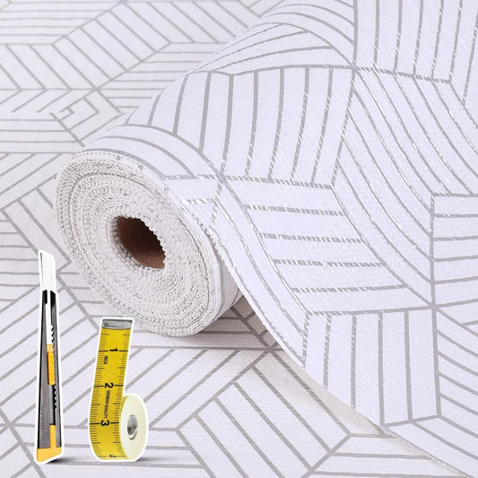 Shelf Liners for Kitchen Cabinets Non Adhesive Shelf Liner Paper Non-Slip Thickened Drawer Liner Easy to Clean for Tool Box Refrigerator with Knife and Tape Measure, Silver Geometric, 11.8 x 354.3 in