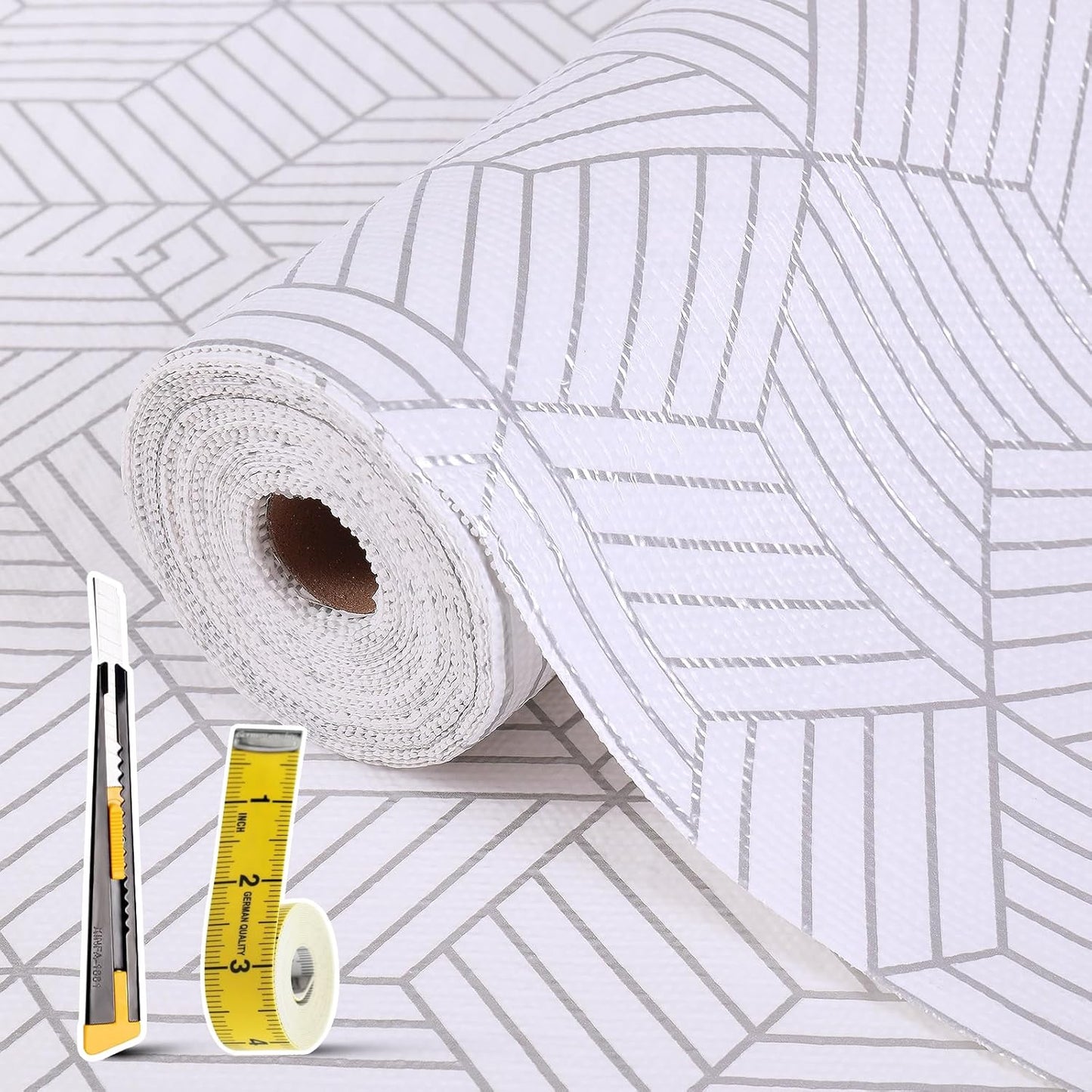 Shelf Liners for Kitchen Cabinets Non Adhesive Shelf Liner Paper Non-Slip Thickened Drawer Liner Easy to Clean for Tool Box Refrigerator with Knife and Tape Measure, Silver Geometric, 11.8 x 236.2 in