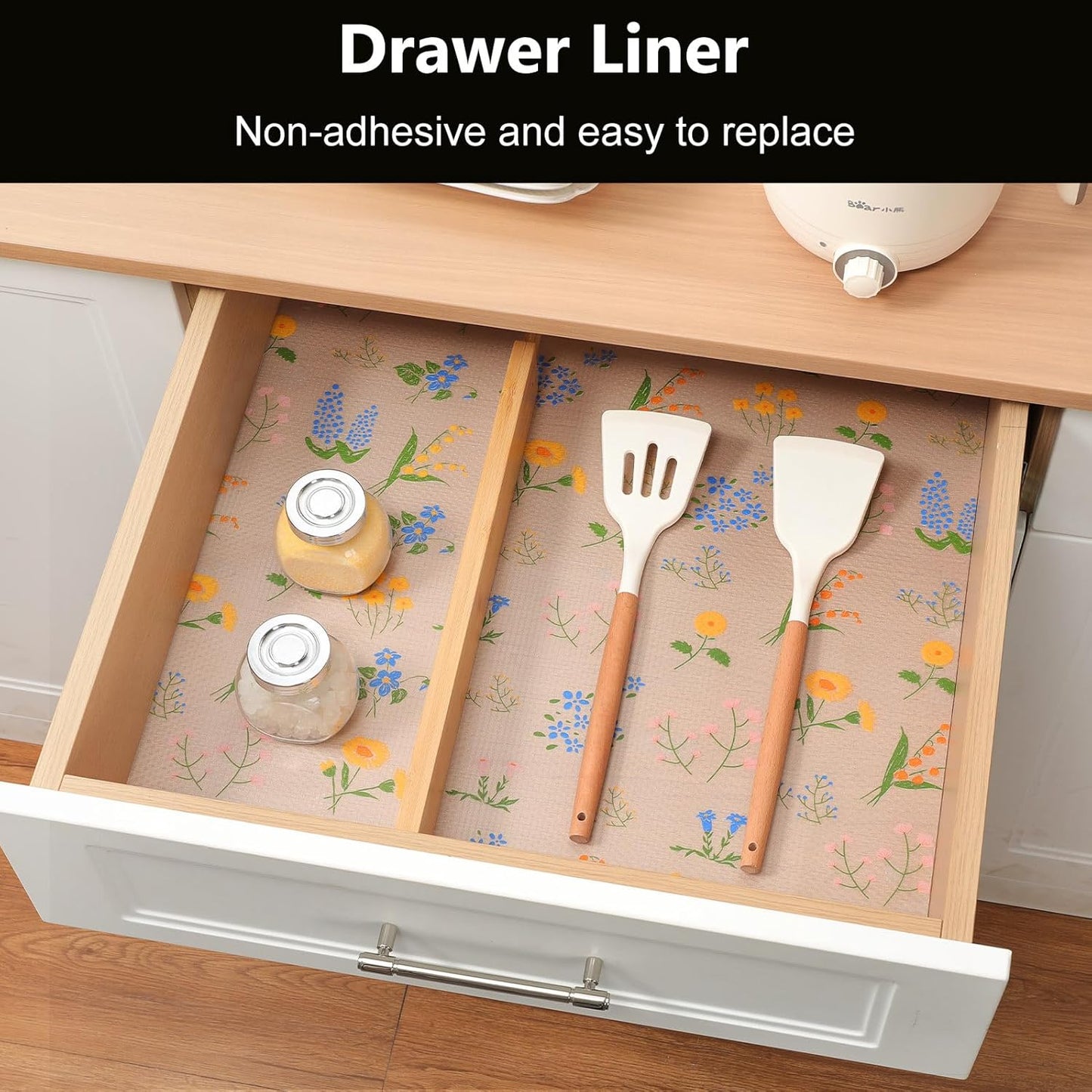 INNOLITES Non-Slip Shelf Liner – Cabinet & Drawer Liner Non-Adhesive – Waterproof Oil-Proof – Durable EVA with Floral for Kitchen Cabinets Refrigerator – BPA-Free, Easy to Cut
