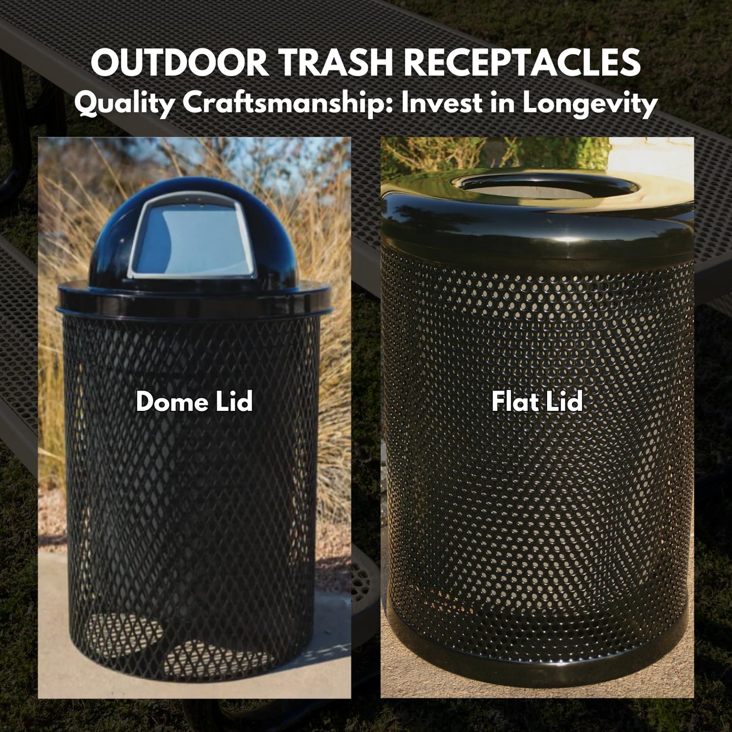 COATEDOUTDOORFURNITURE RDT-P-Gry Heavy Duty Round Trash Receptacle with Dome Top, Liner Included, 32 Gallon, Gray, Made in America