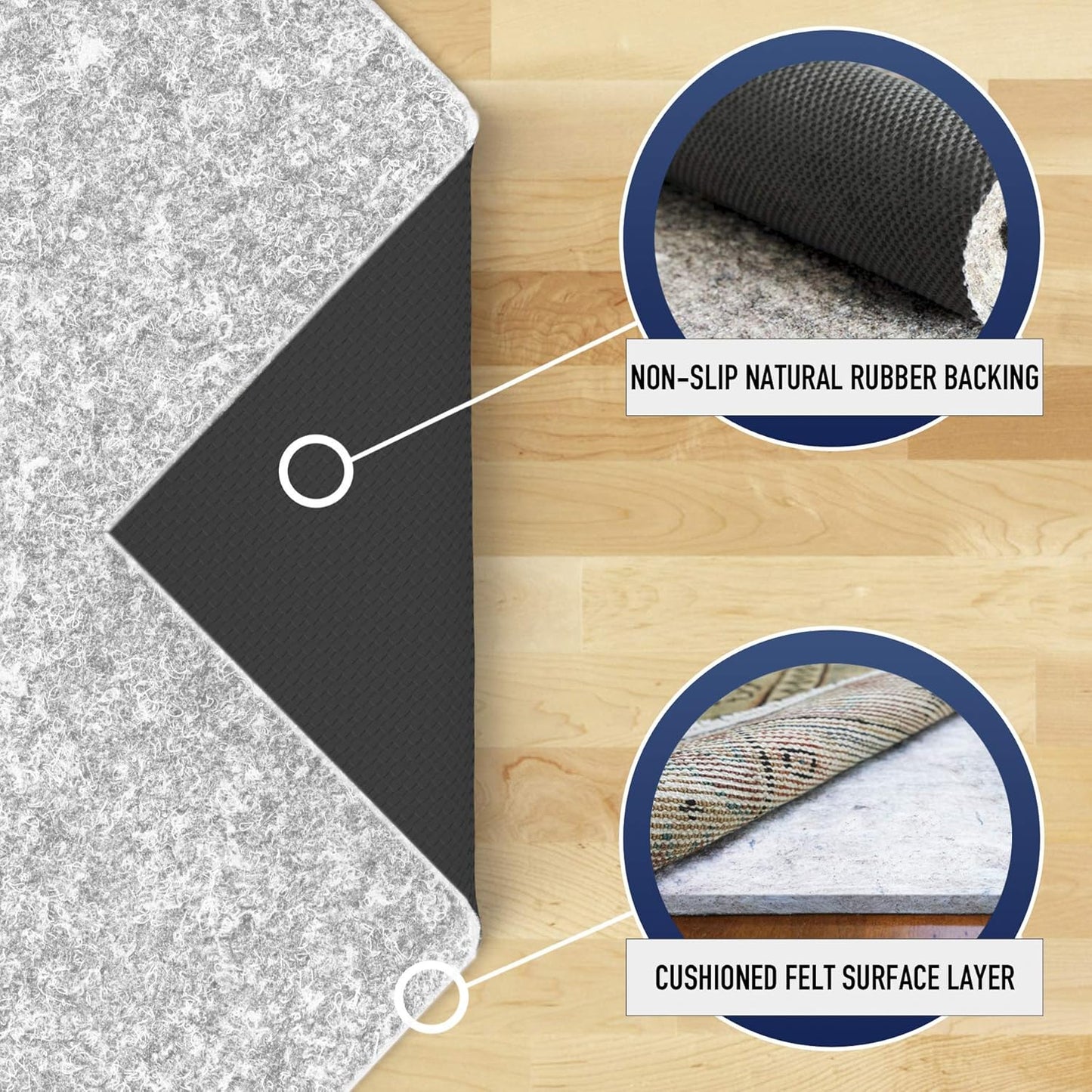 RUGPADUSA - Dual Surface - 7'10" x 10' - 1/4" Thick - Felt + Rubber - Non-Slip Backing Rug Pad - Safe for All Floors