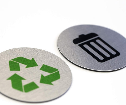 Metal Trash & Recycling Signs | Garbage & Recycling Bin Marker | Set of 2 - 1 Black Trash Sign & 1 Green Recycle Sign | 3" Round, Brushed Silver Aluminum Signs | Made in USA
