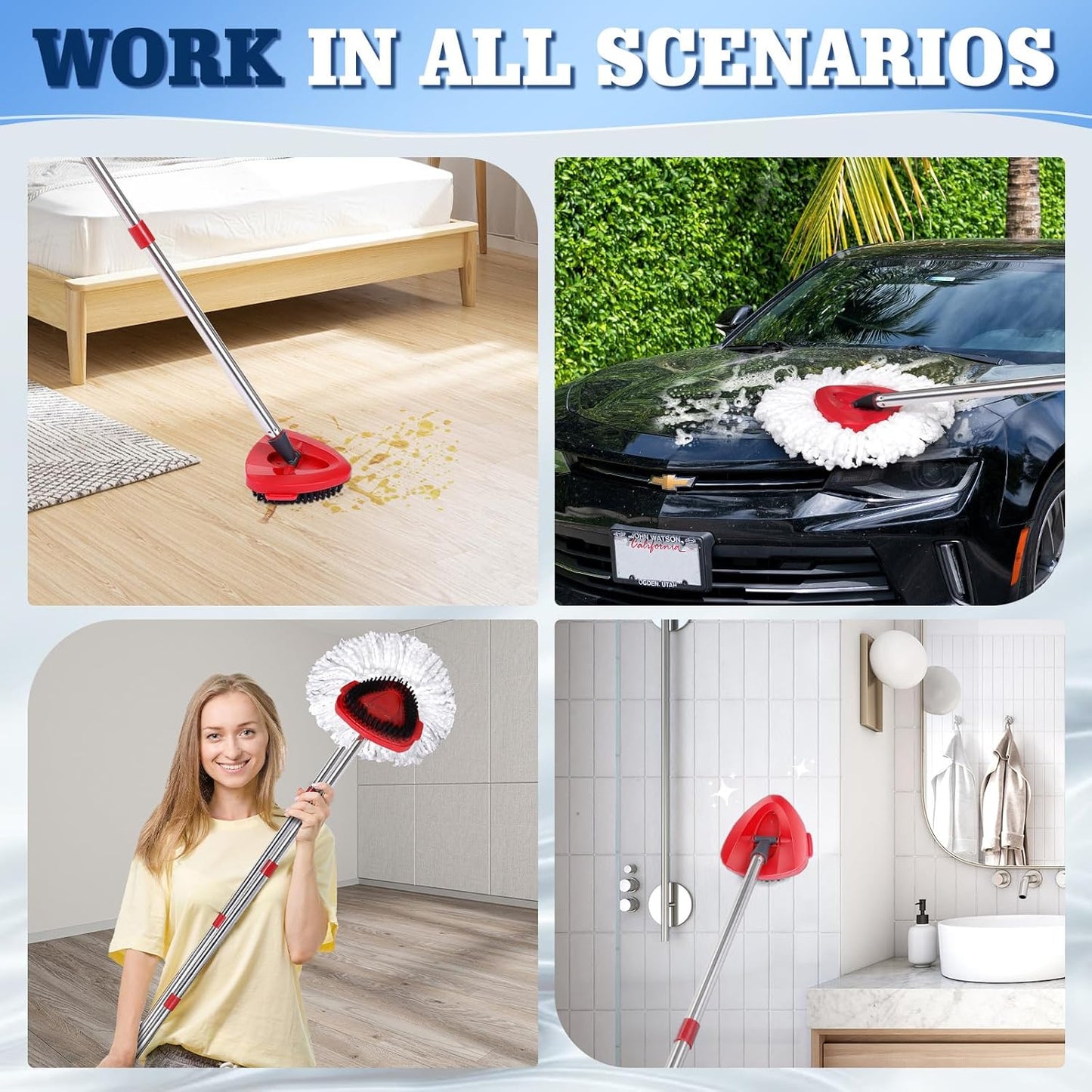 4 Pack Spin Mop Replacements Head Compatible with Oceda EasyWring 1-Tank System,Microfiber Spin Mop Refills Head,1 Mop Scrub Brush + 1 Mop Base + 4 Pack Cleaning Floor Mop Head（White)