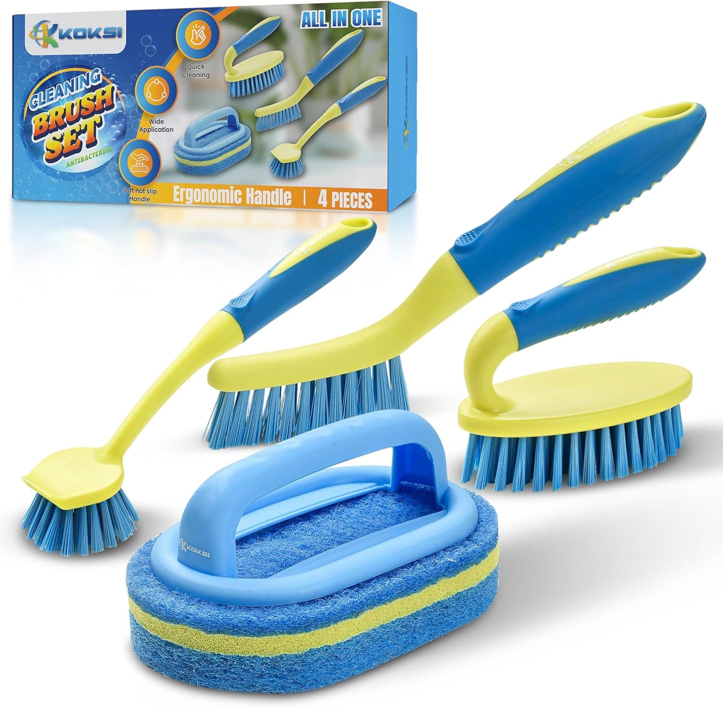 Scrub Brush Set for Bathroom Kitchen Bathtub Toilet Deep Cleaning Brush Tools All Purpose Cleaner Sponge Scrubbing Brushes with Ergonomic Handle, 4-Piece