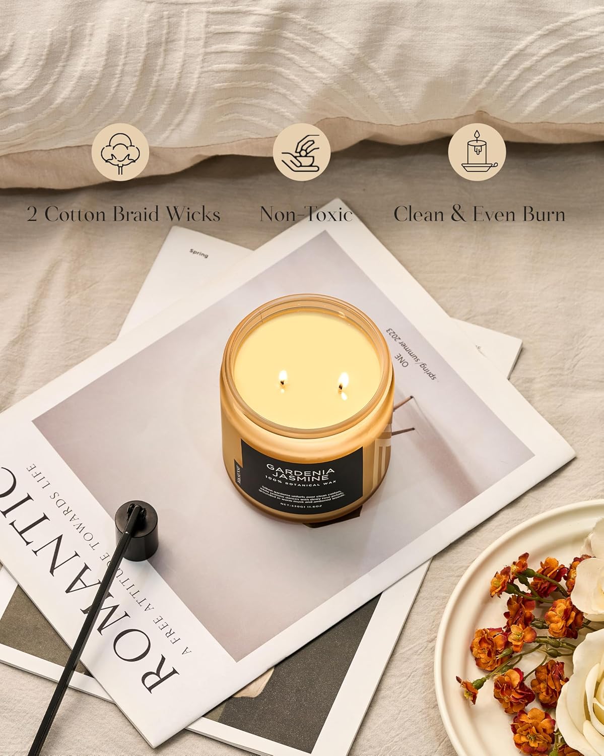 M&SENSE Gardenia Jasmine Scented Candle - 11.6oz Natural Soy Wax Clean Non Toxic 70-Hour Burn, 2-Wick Aromatherapy Candle for Bath & Office - Highly Scented Housewarming Gift for Mom Teacher Friends