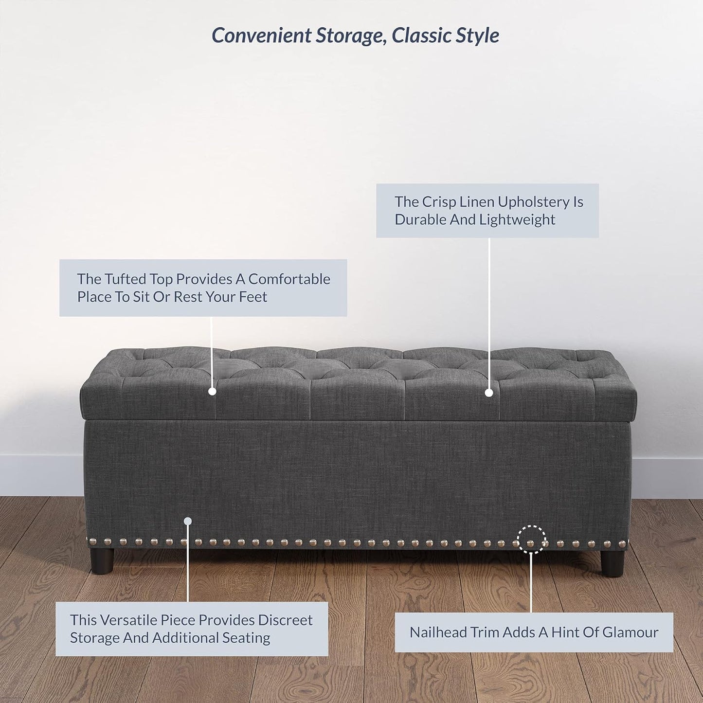BELLEZE 47" Storage Ottoman, Storage Bench with Safety Close Hinge, Linen Button-Tufted Ottoman for Living Room, Entryway, Hallway, Foot Rest, Support 300lbs - Dark Gray