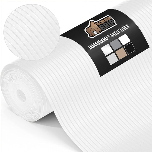 GORILLA GRIP DuraGuard Shelf Liner, Non-Adhesive Cabinet Liners for Kitchen Drawers, Shelves, Refrigerator, Pantry Storage, Bathroom Closet, Durable Waterproof BPA Free Ribbed Plastic, 12x10 White