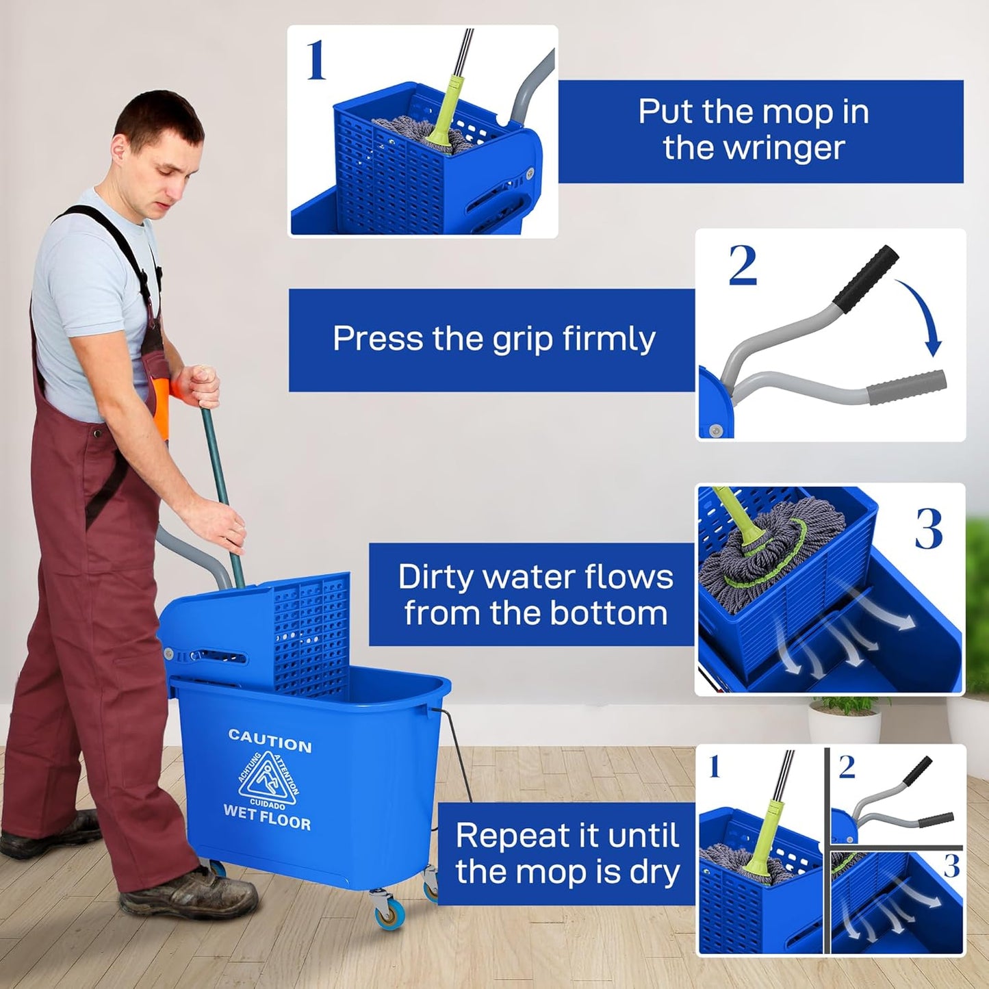 HOMCOM Compact Mop Bucket with Wringer on Wheels for Floor Cleaning, 21 Quart, Separate Dirty and Clean Water, for Home, Apartment, Blue
