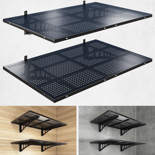 2-Pack 2x3ft Heavy Duty Garage Wall Shelving, 500 lbs Load Capacity, Garage Shelving Wall Mounted, Garage Storage Rack with Hooks, Black
