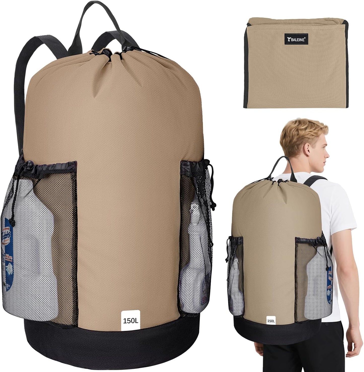 BALEINE 150L Laundry Bag Backpack, 900D Oxford Fabric Large Travel Laundry Bags with Shoulder Straps and 2 Mesh Pockets for College Dorm, Apartment, Laundromat (Khaki, 150L)
