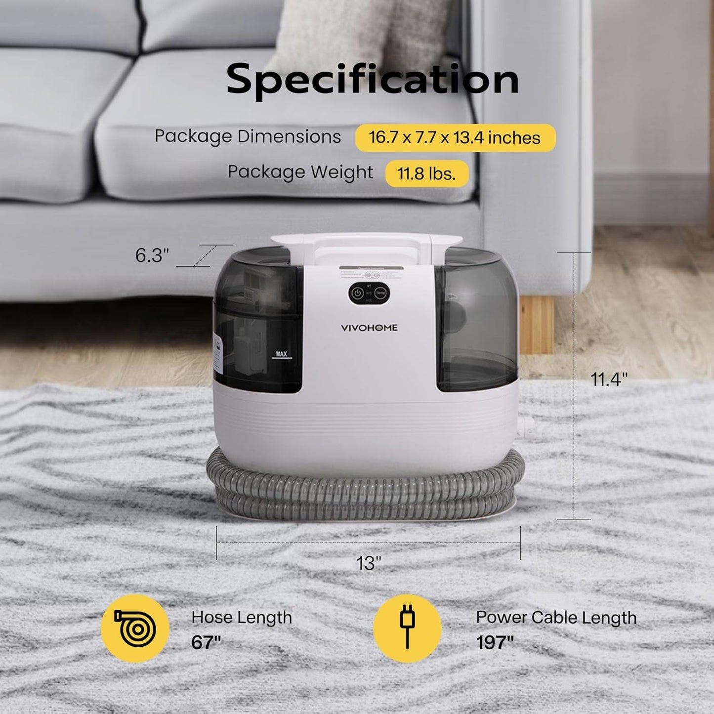 VIVOHOME Portable Multipurpose Carpet Cleaner Machine, 15s Fast Heating Spot Cleaner for Upholstery, 4 Detachable Brush Heads for Pets, Couch, Car Seats, Self-Cleaning, 14Kpa Strong Suction