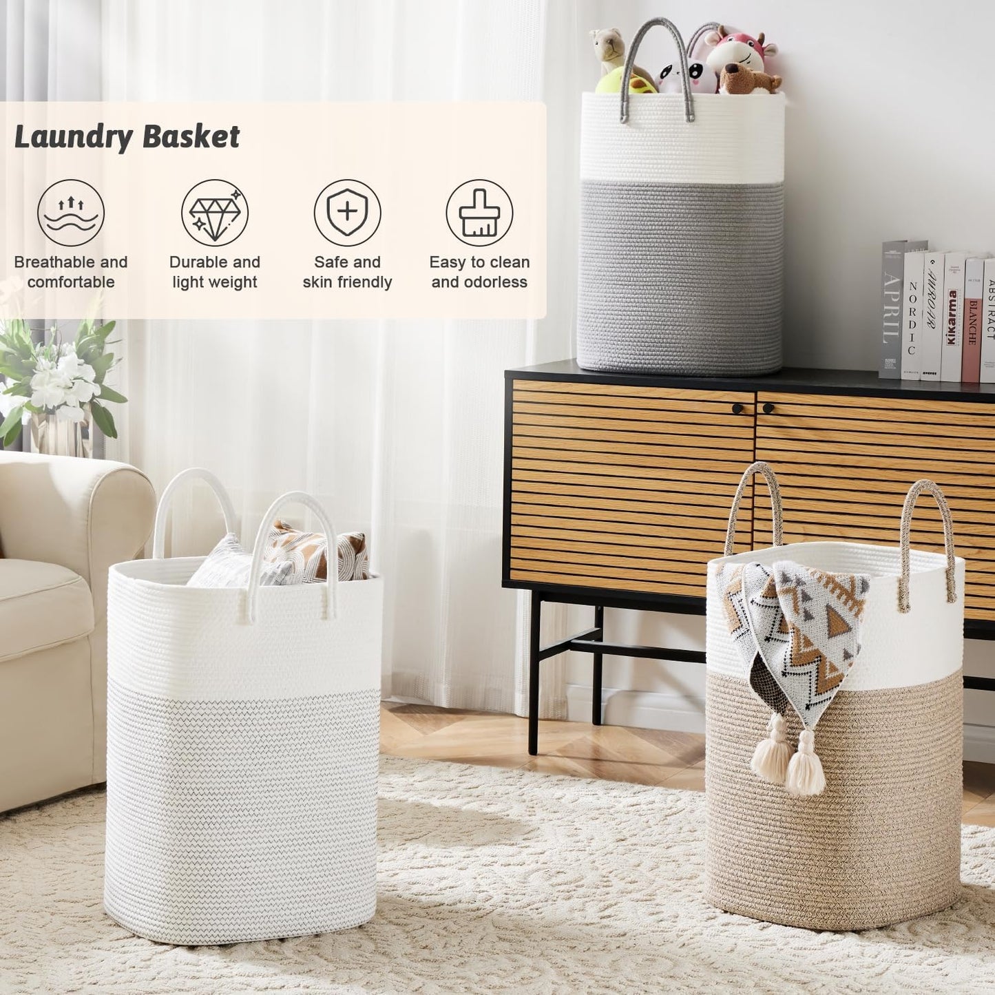 Laundry Basket,Woven Cotton Rope Laundry Hamper,Versatile Storage for Dirty Clothes,Baby Toys,and Blankets in Bathroom, Nursery,and Living Room (White, 40L)