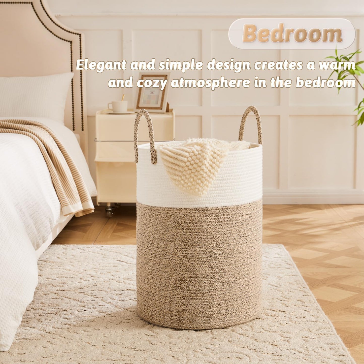 Laundry Basket,Woven Cotton Rope Laundry Hamper,60L for Decor Storage of Dirty Clothes,Toys and Blankets in Bathroom,Baby Room and Living Room