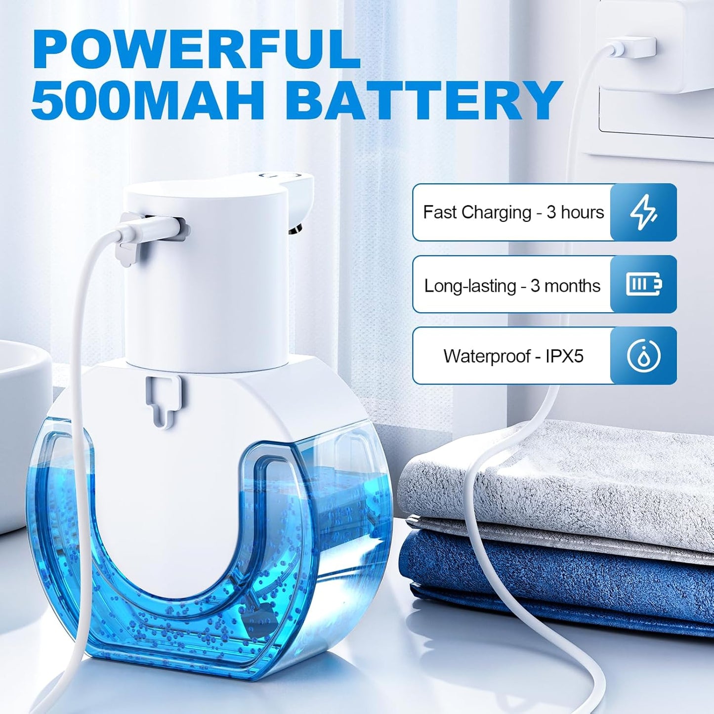 Automatic Foaming Soap Dispenser 15oz/420ml Foaming Hand Sanitizer Touchless Wall Mount with 4levels Adjustable Free Touch Electric Soap Dispenser Rechargeable with Sensor
