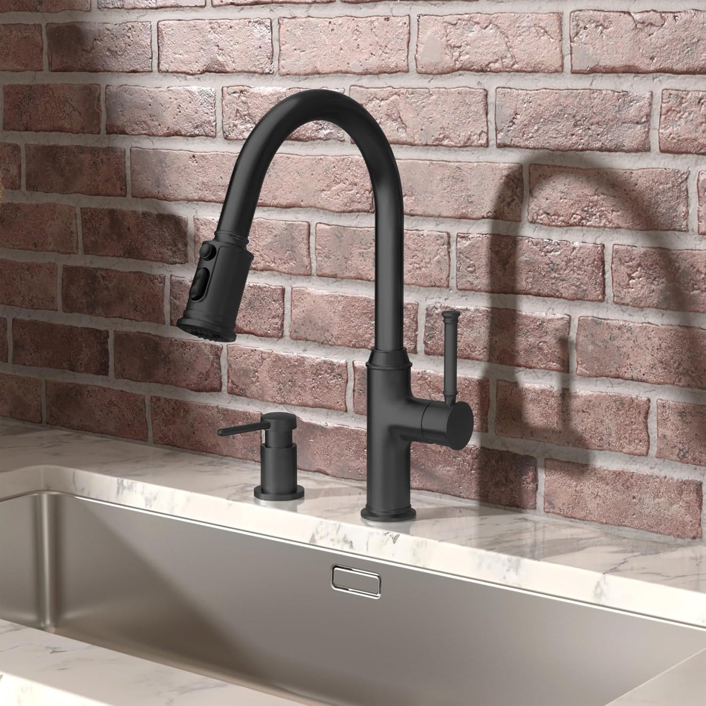 Lava Odoro Black Soap Dispenser for Kitchen Sink, Modern Brass Built in Countertop Pump Dispenser with 18 Oz Refillable Bottle, Kitchen Soap and Lotion Dispenser Spot-Free, Matte Black, KSD-21