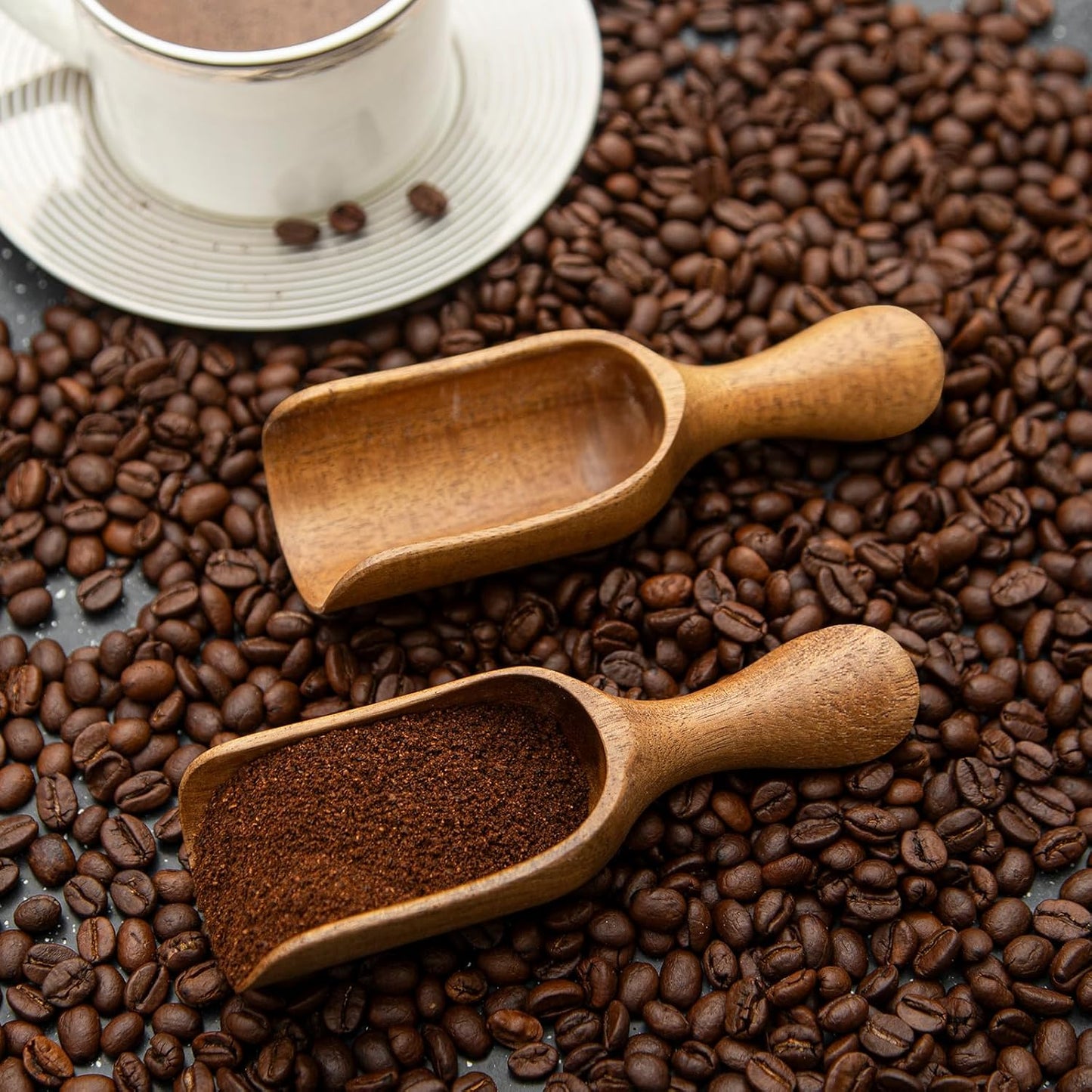 Big Coffee Scoop Shovel, 2pcs Wooden Scoop for Jars, Large Ground Coffee Scoop 5.9″ Measuring Spoons for Coffee Scoops, Tea, Powder- Multifunctional Kitchen Scoop for Bath Salts,Laundry (Acacia Wood)